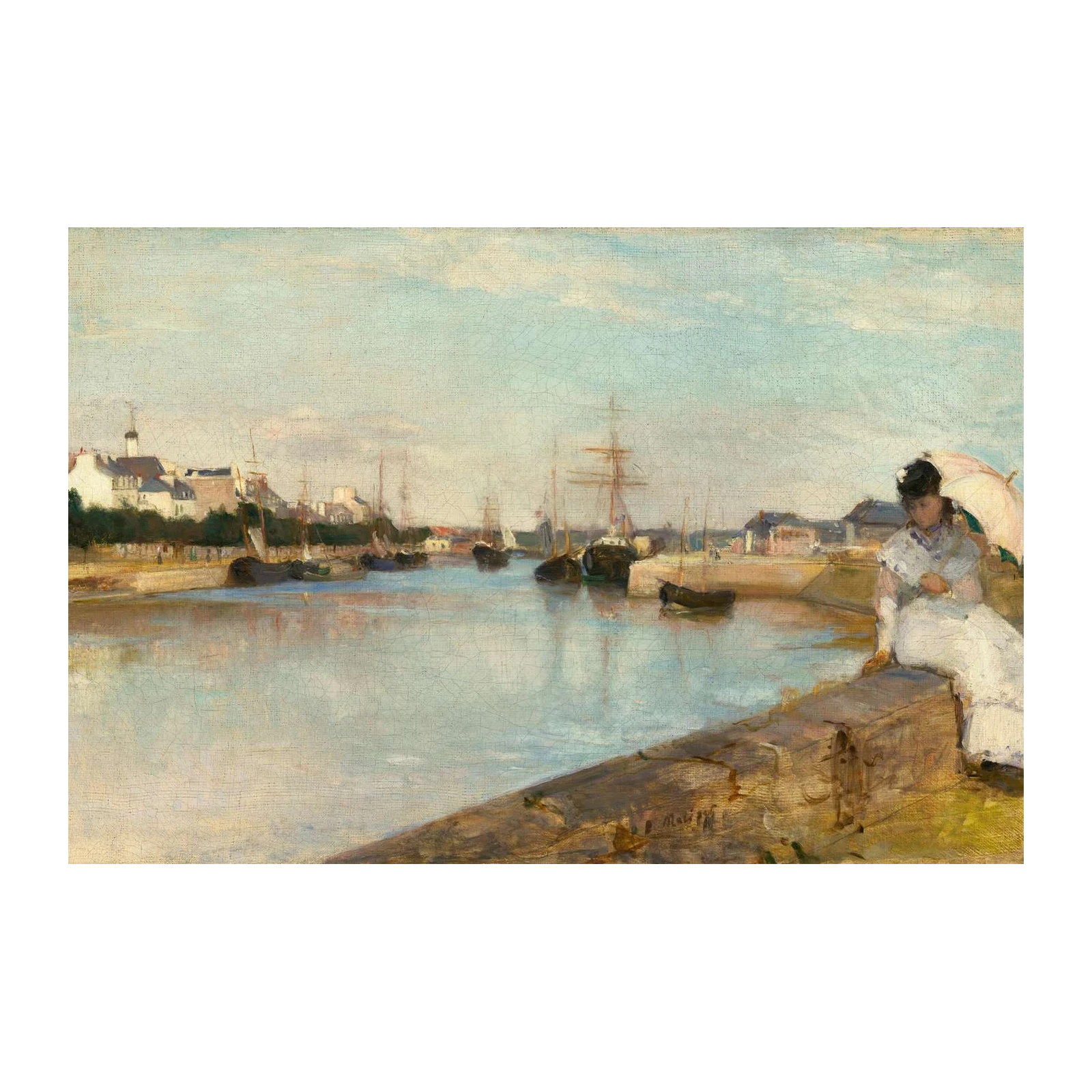 Elegant Harbor Scene Woman with Umbrella Wall Art
