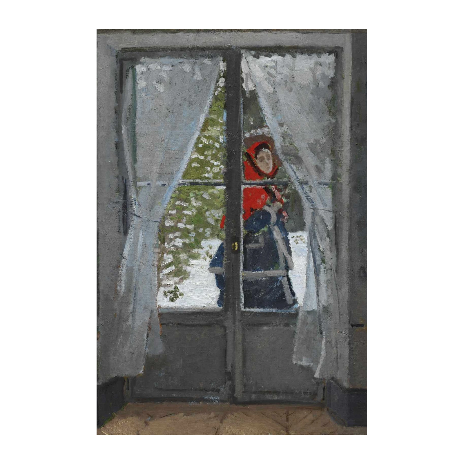 Woman in Red Scarf Through Window Wall Art