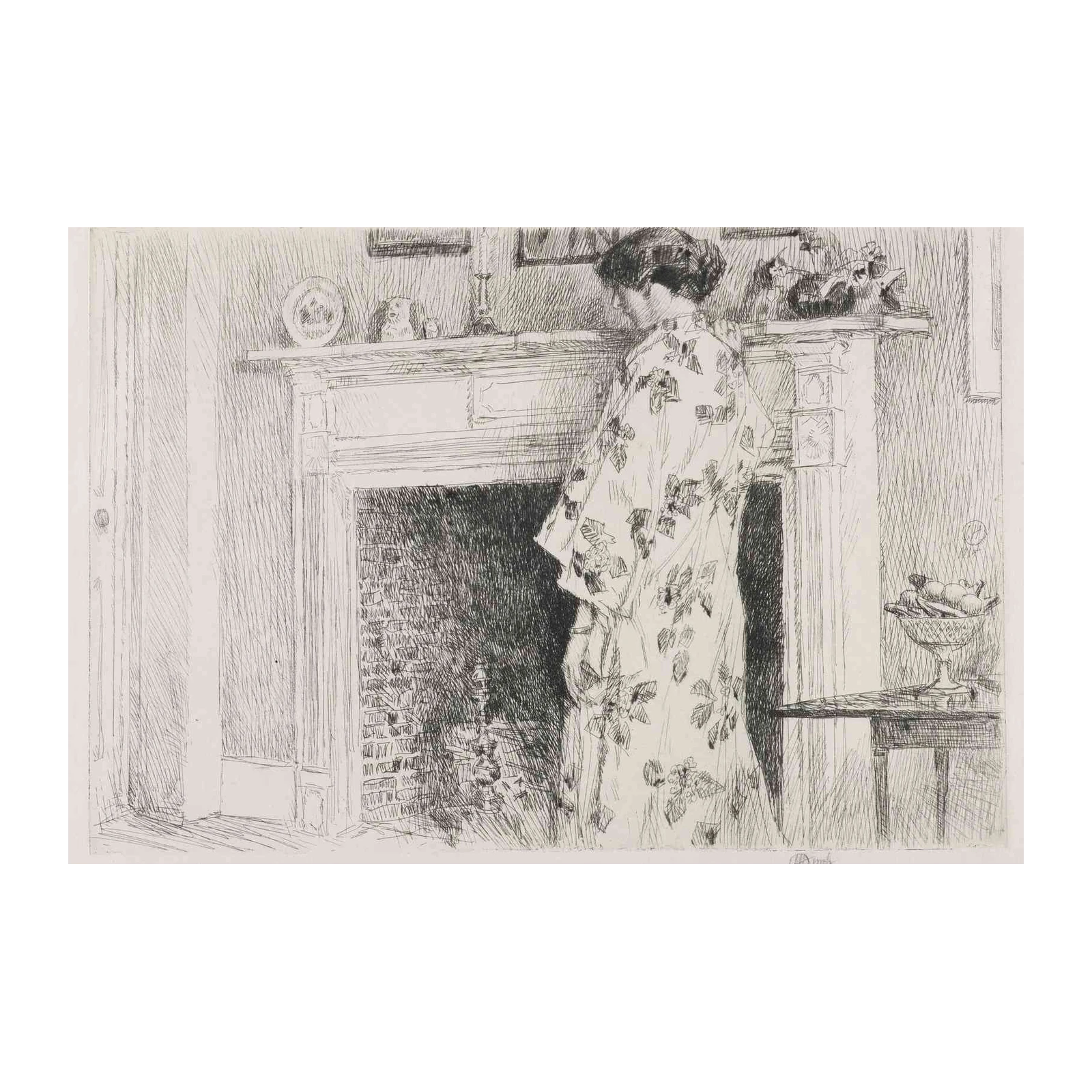 Elegant Woman by Fireplace Sketch Wall Art