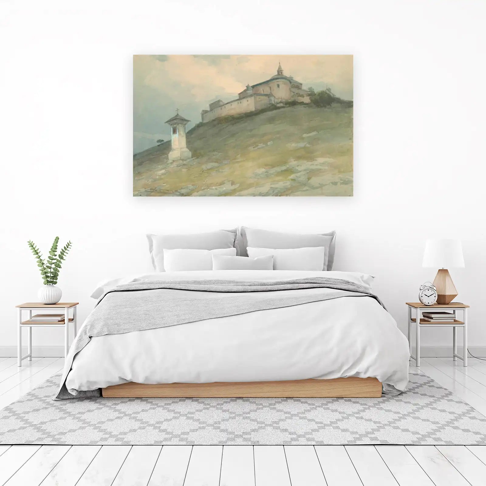 Serene Hilltop Monastery Watercolor Wall Art