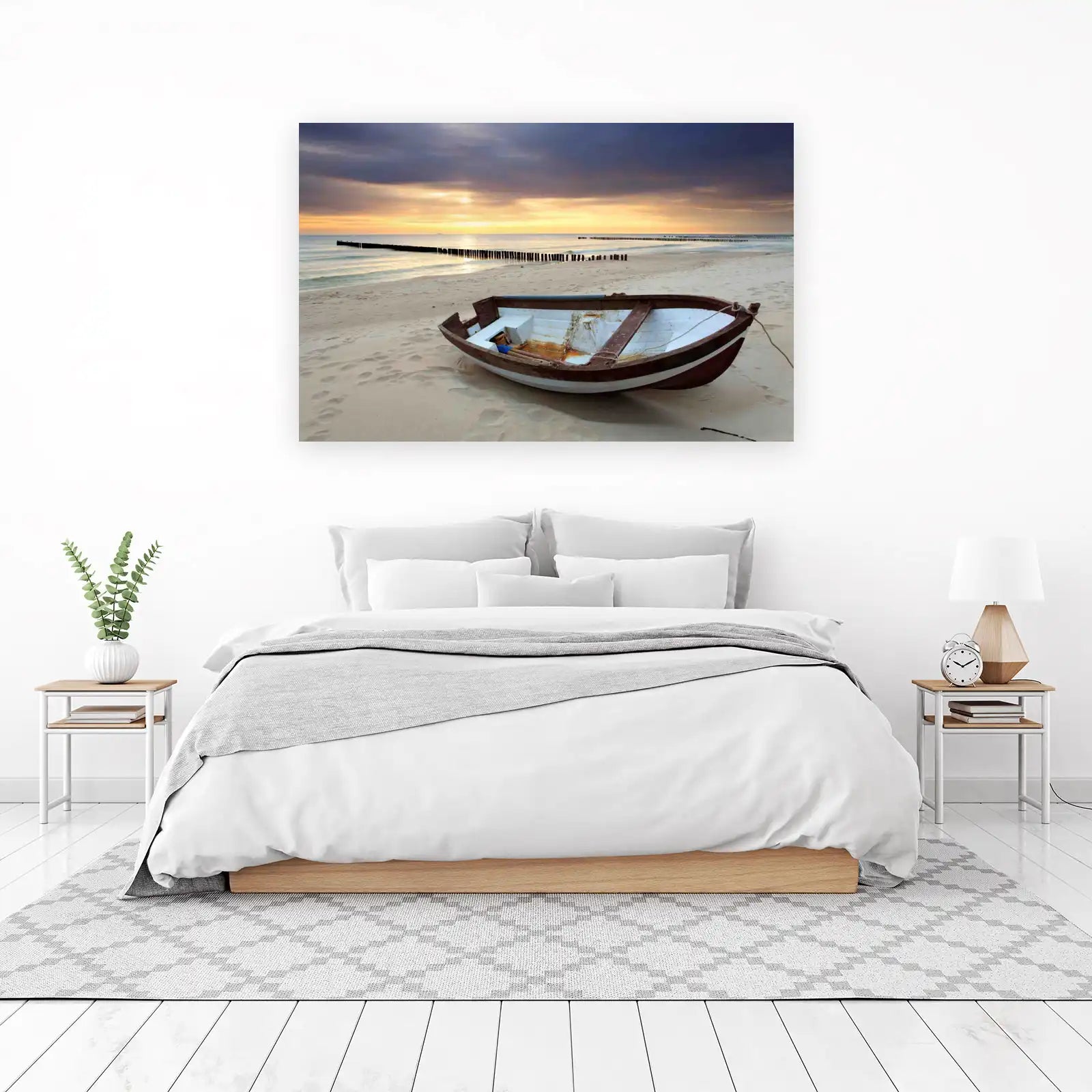 Tranquil Beach Boat Sunset Wall Art