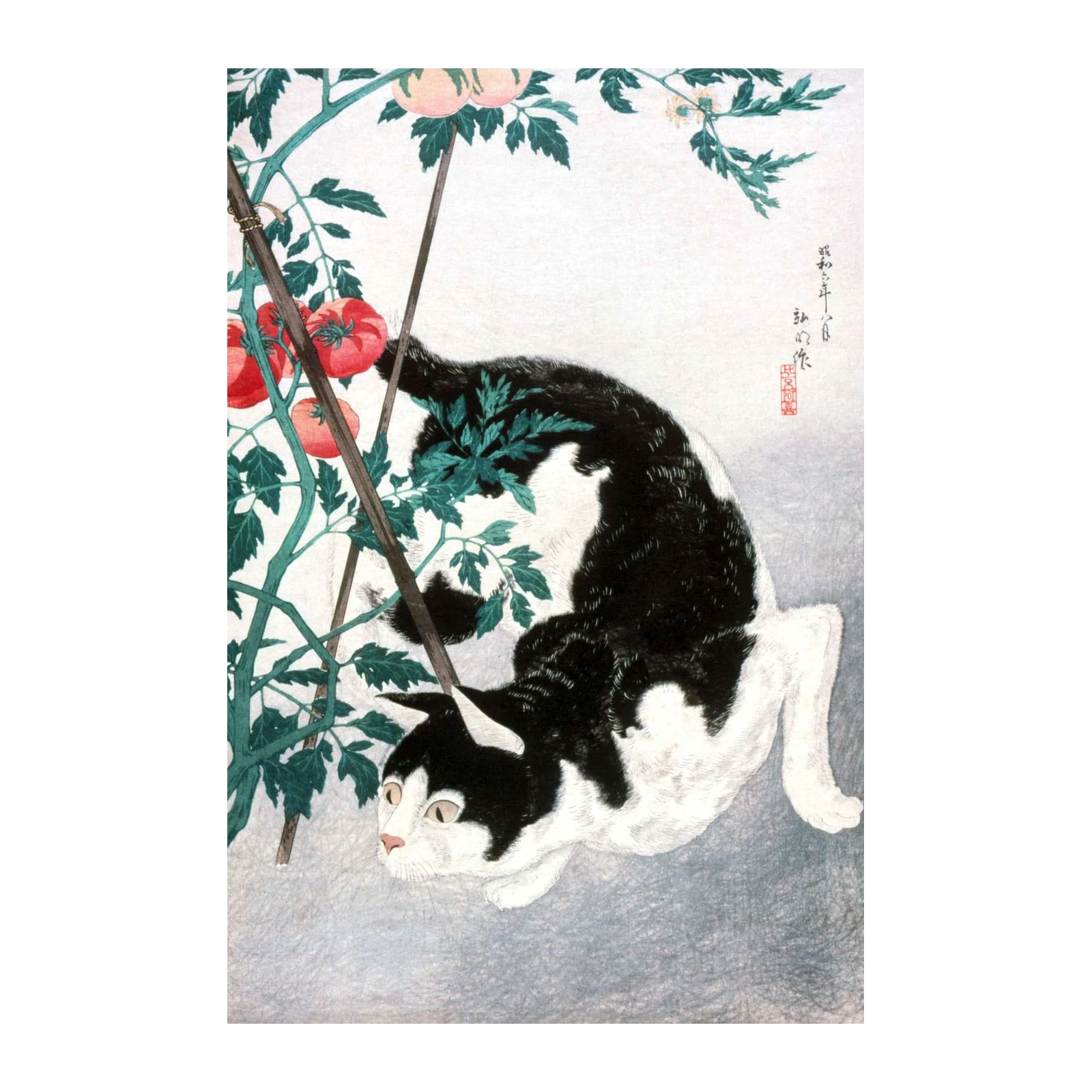 Playful Cat Amongst Tomatoes Japanese Woodblock Print Wall Art