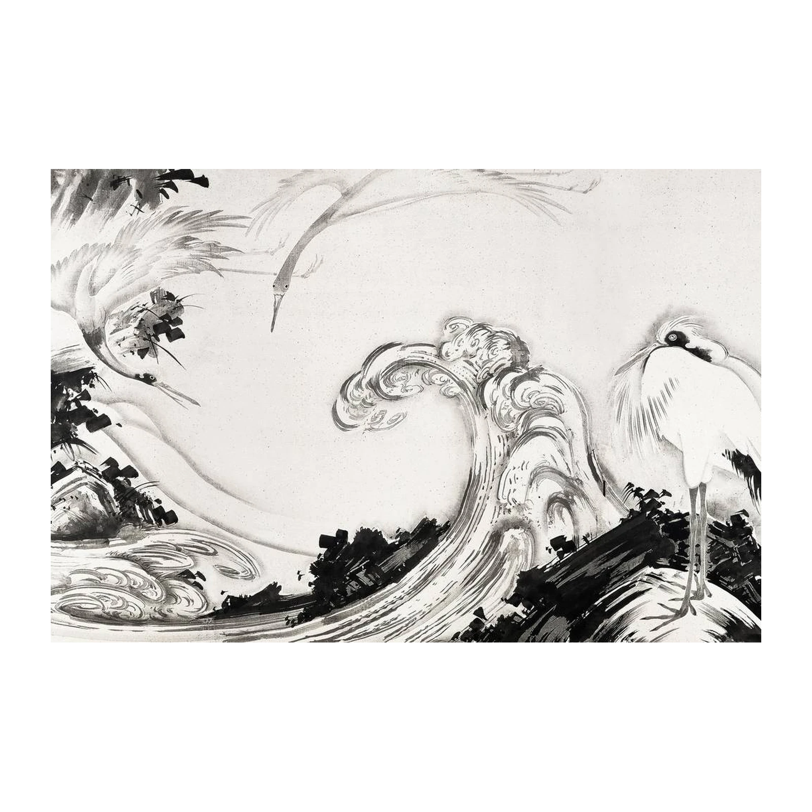 Serene Cranes & Waves Ink Wash Wall Art