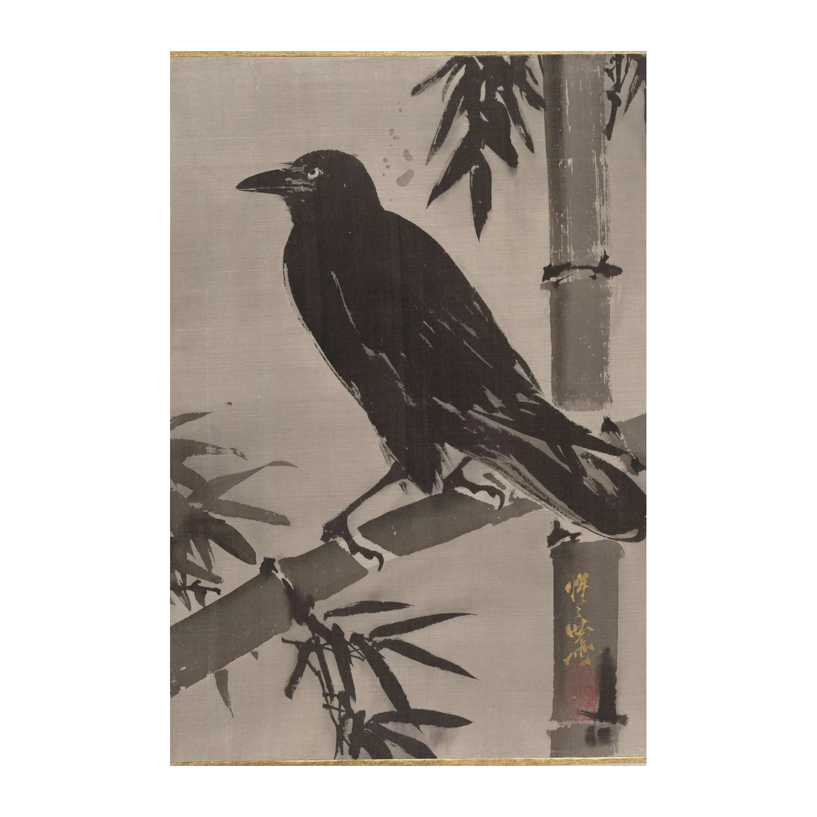 Elegant Crow on Bamboo Silk Wall Art