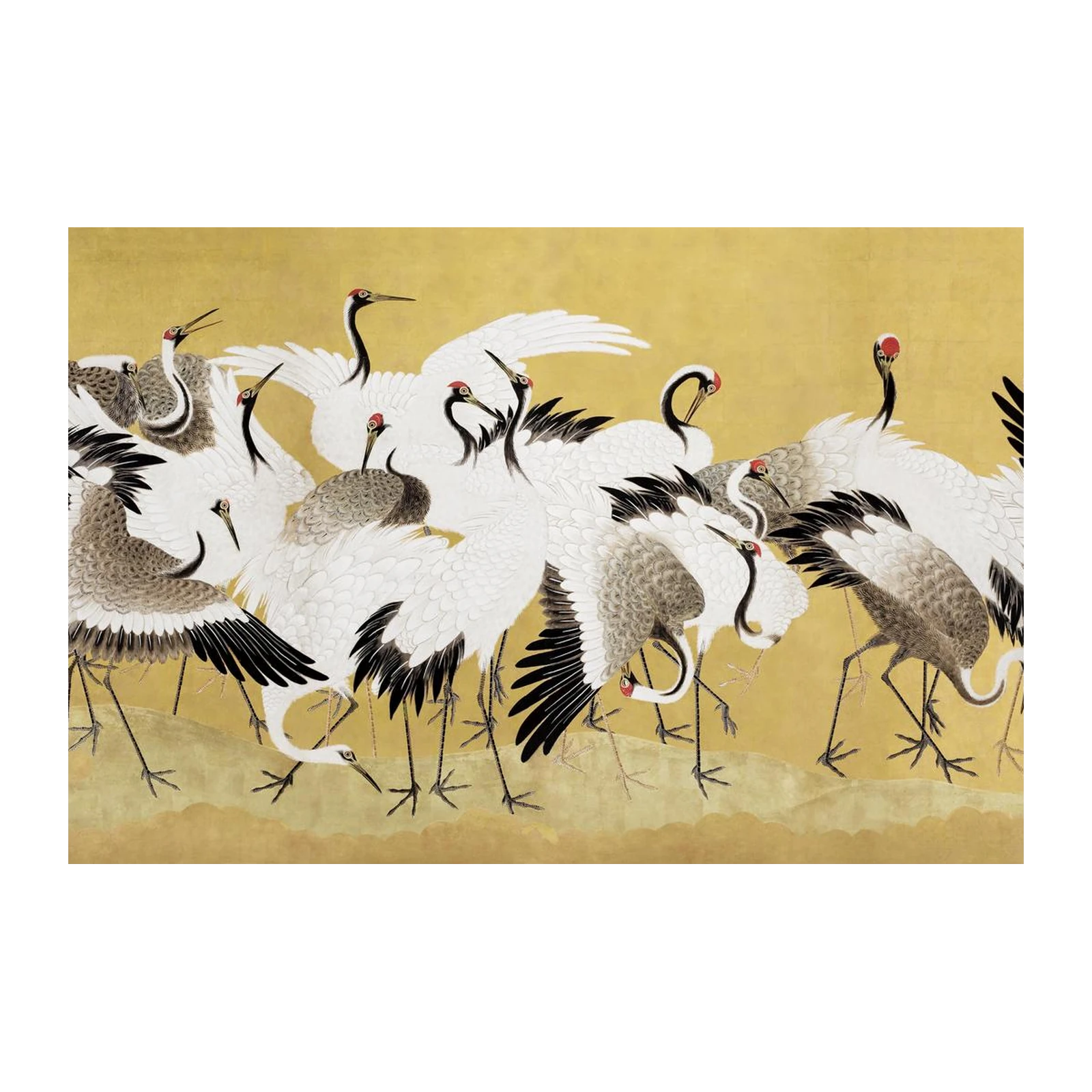 Elegant Crane Flock Gold Japanese Art Wall Art