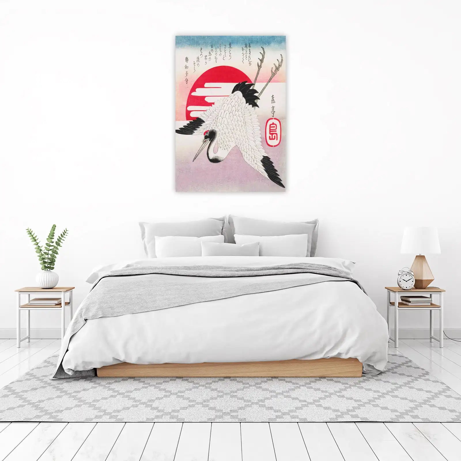 Elegant Crane Sunrise Japanese Art Wall Art