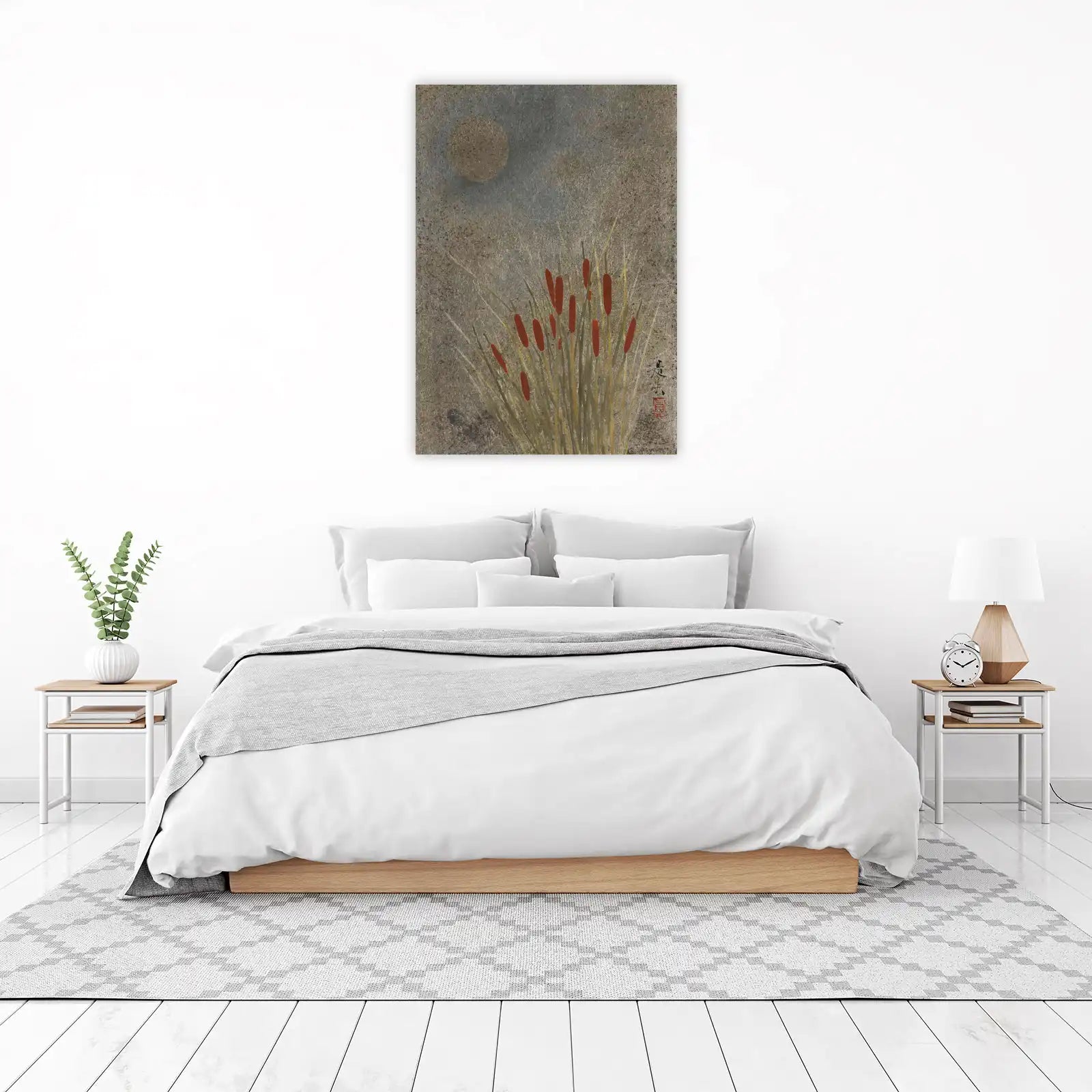 Serene Cattails Moonlit Pond Wall Art