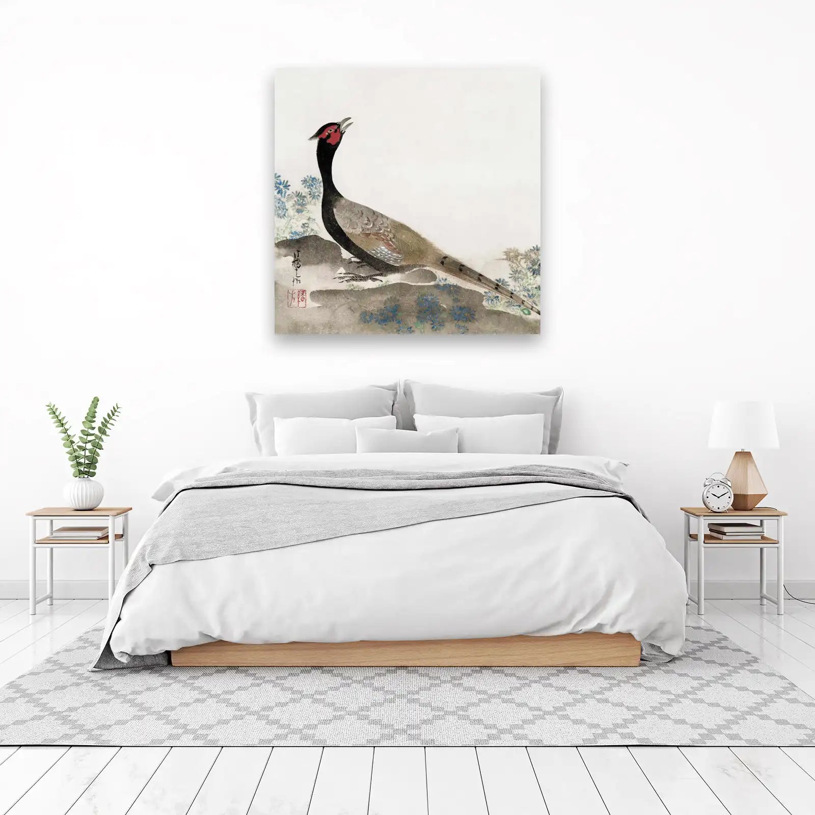 Elegant Pheasant Blue Flowers Japanese Art Wall Art