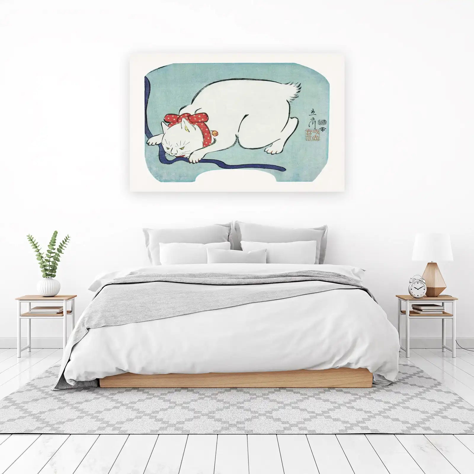 Charming White Cat with Red Bow Wall Art