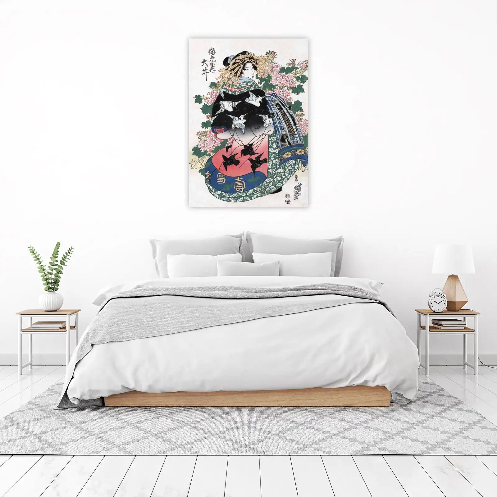 Vintage Japanese Woman Crane Blossom Wall Art