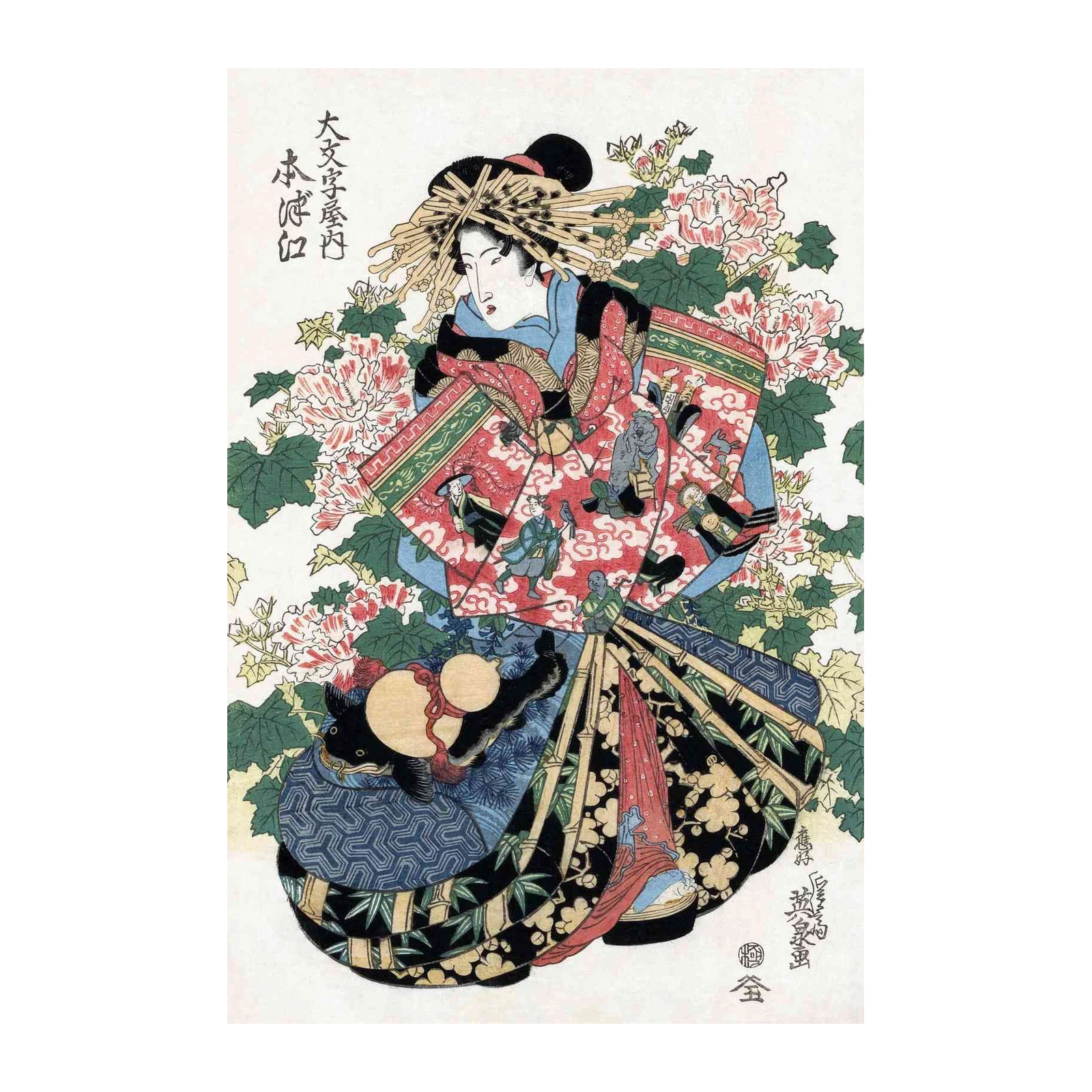 Vintage Japanese Geisha & Peonies Wall Art