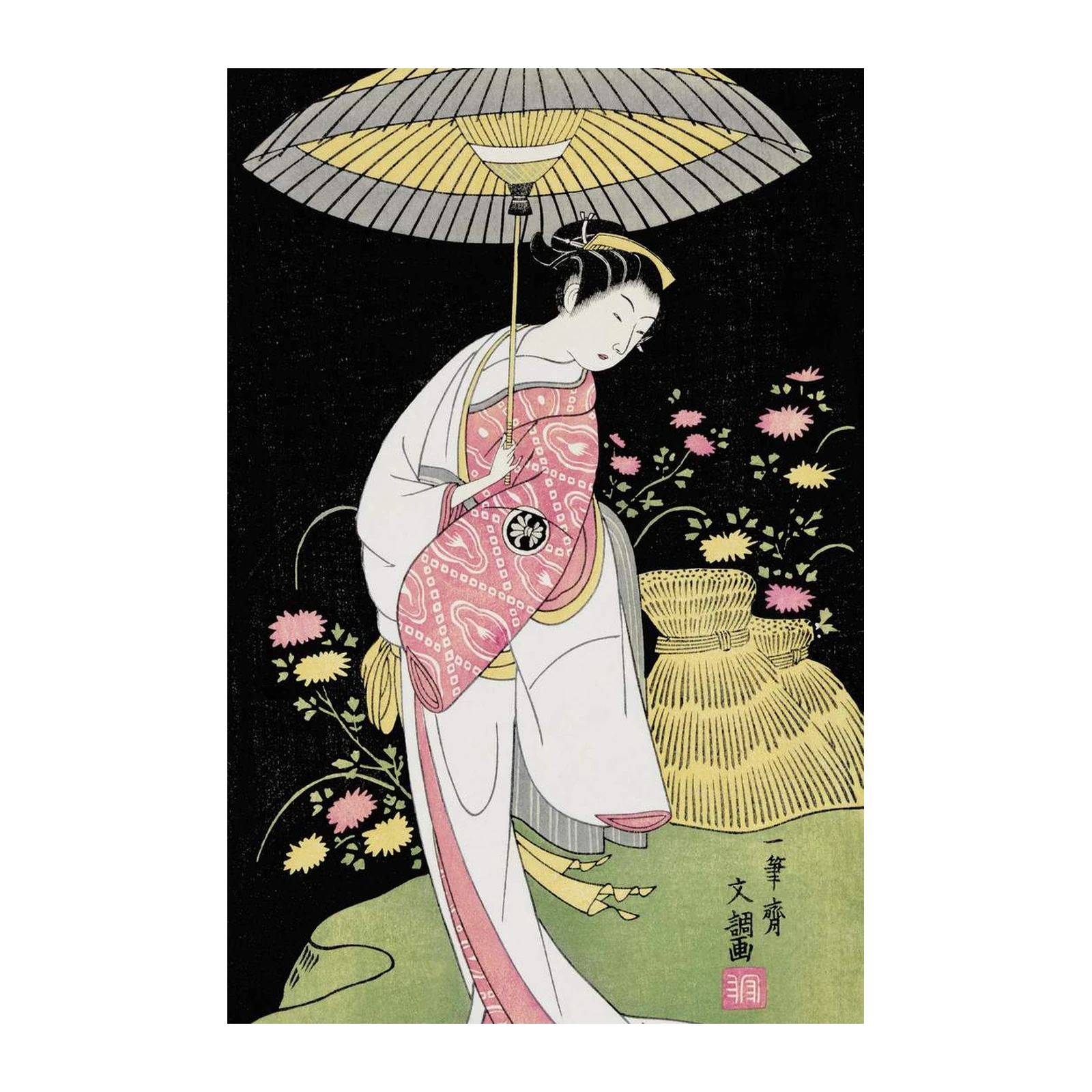 Japanese Geisha Umbrella Floral Wall Art