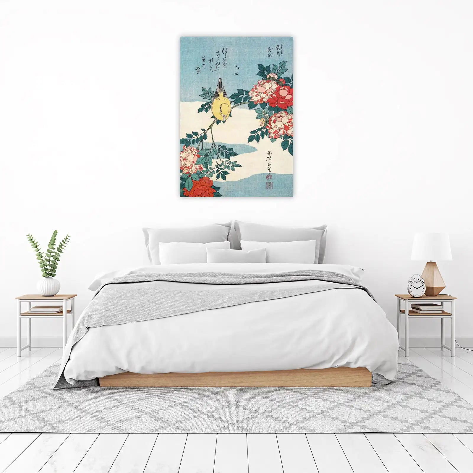 Serene Yellow Bird & Roses Wall Art | Japanese Art