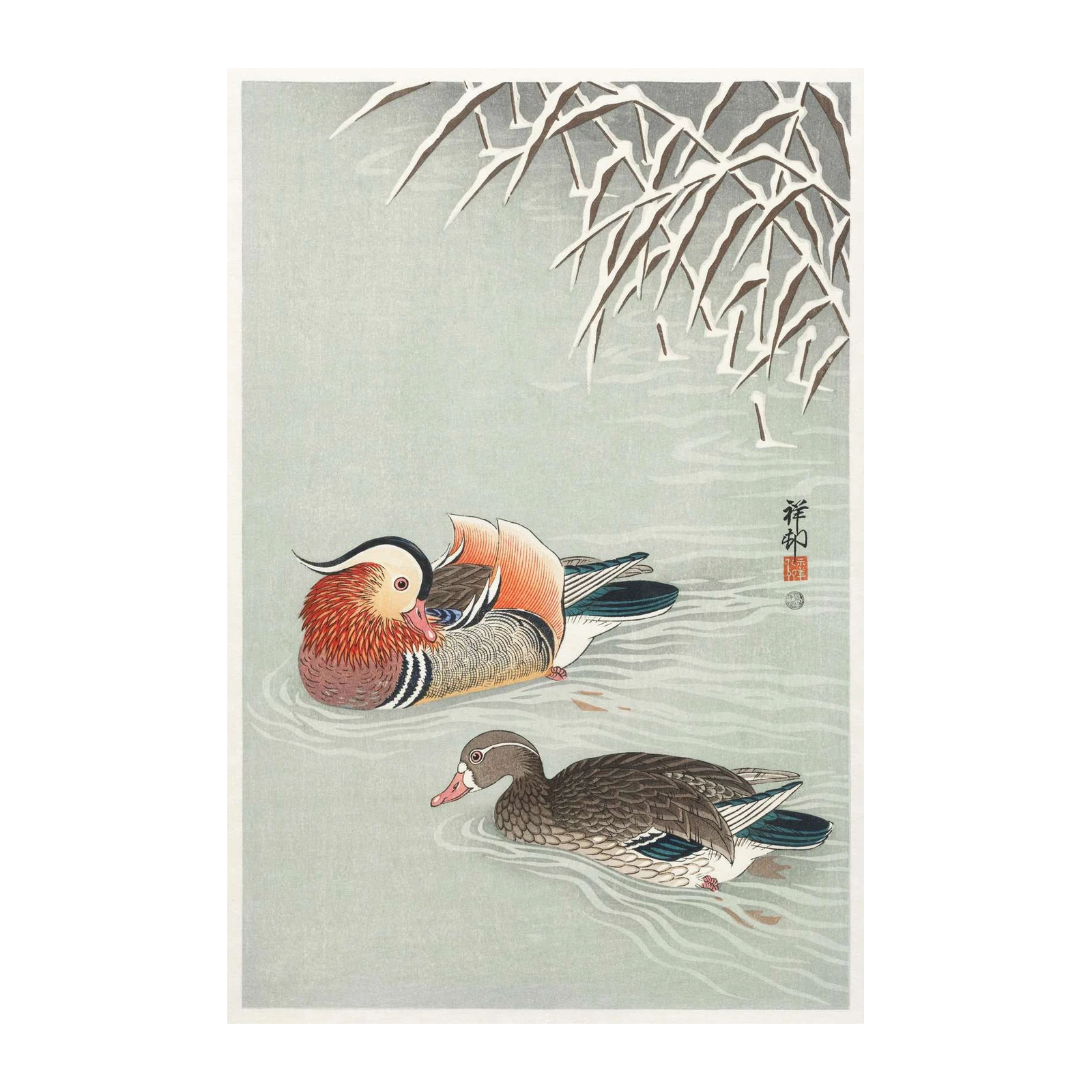 Elegant Mandarin Ducks Winter Serenity Wall Art