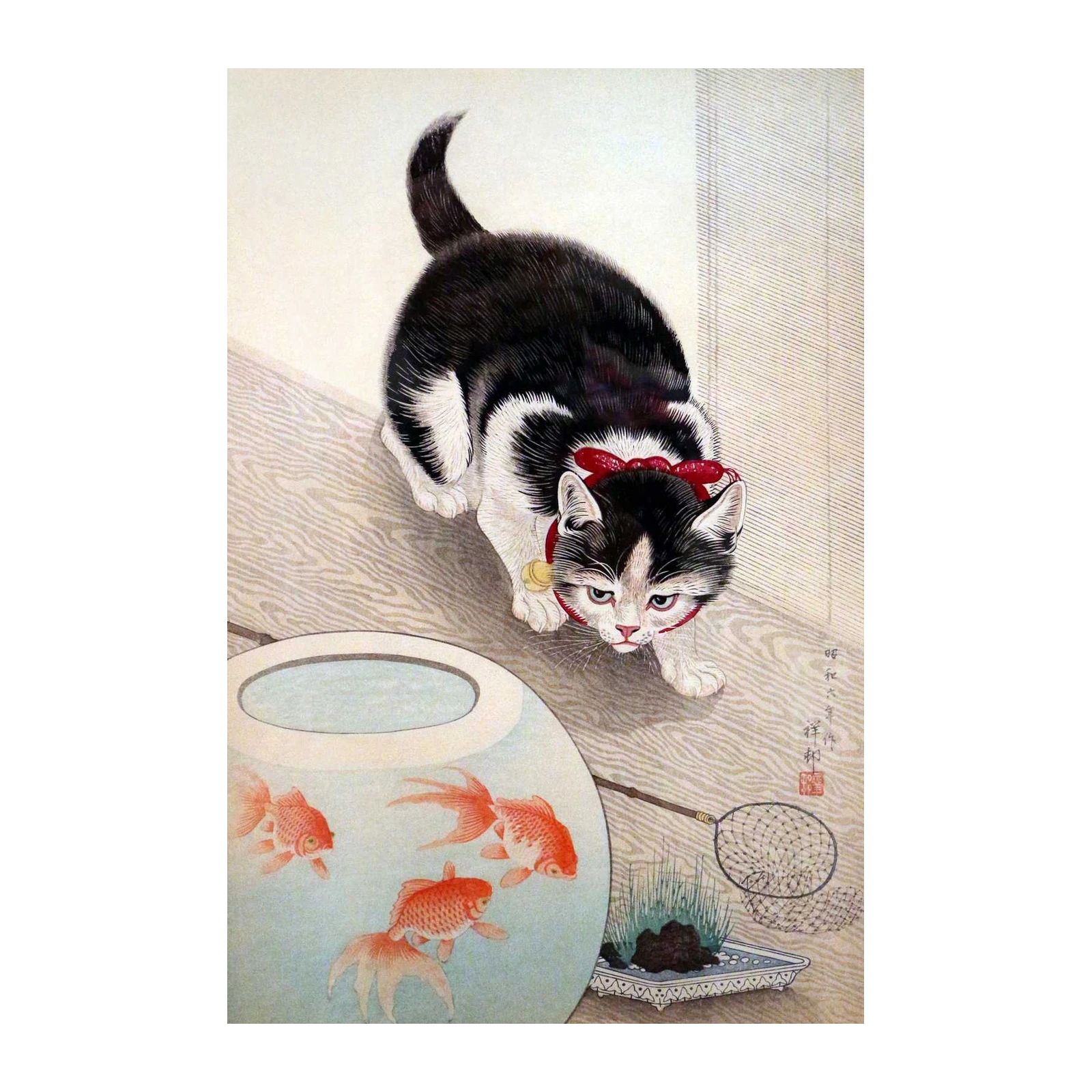 Curious Cat & Goldfish Japanese Art Wall Art