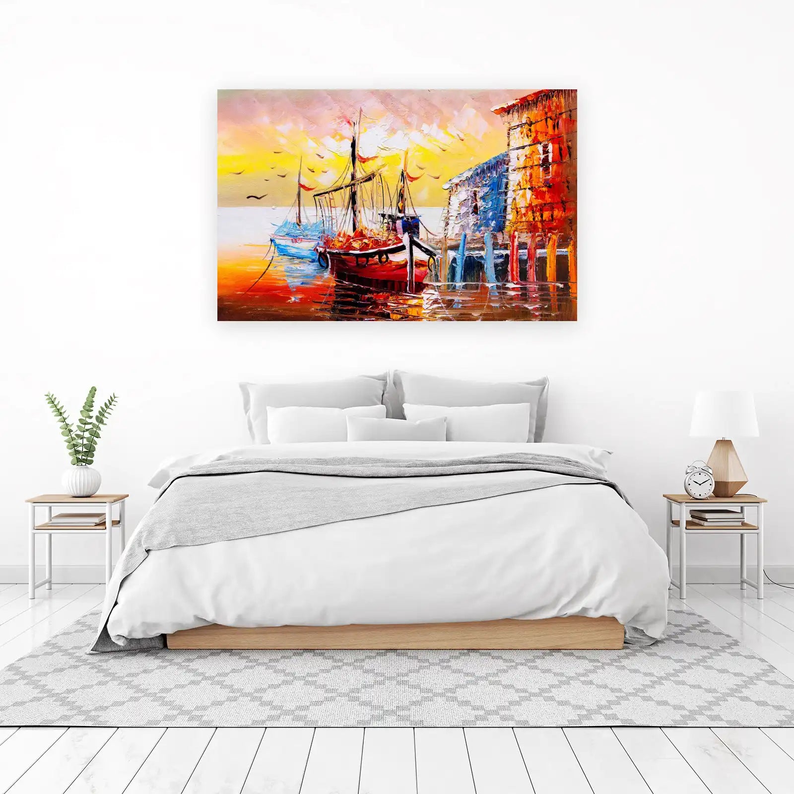 Vibrant Harbor Boats Impasto Oil Wall Art