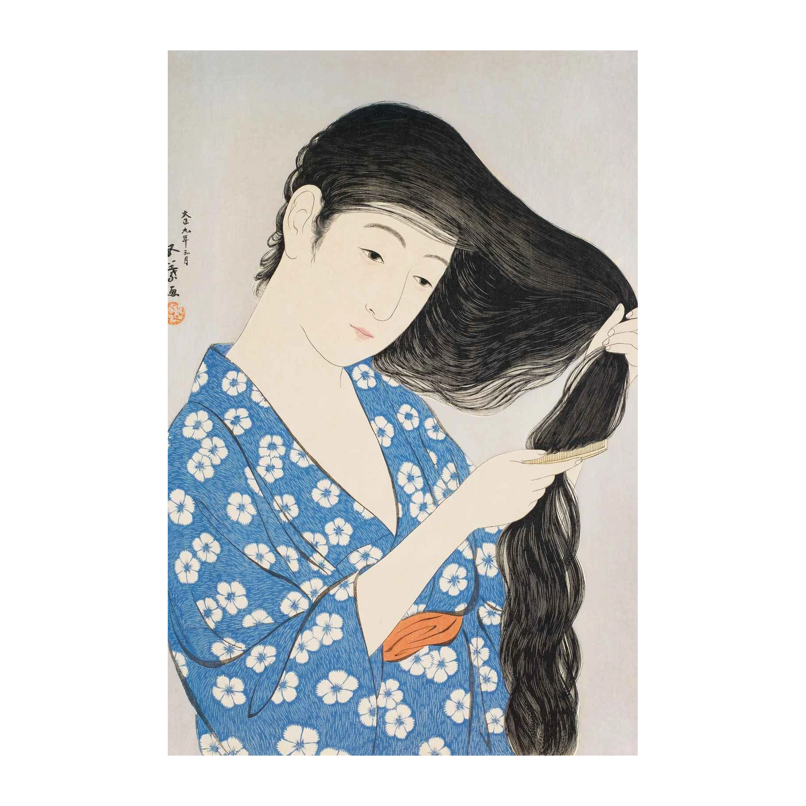 Blue Floral Kimono Woman Hair Comb Wall Art