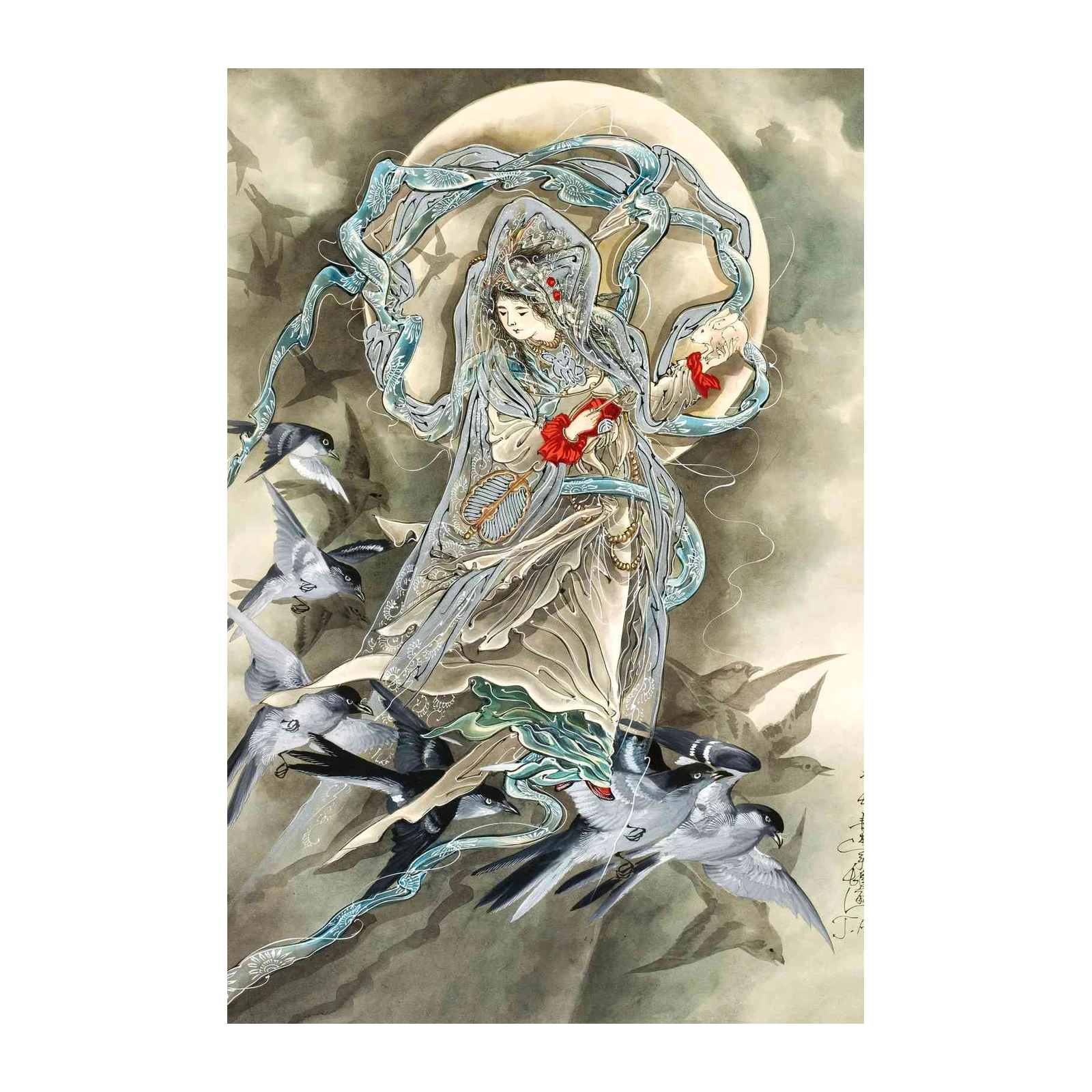 Mystical Moon Goddess & Swallows Wall Art