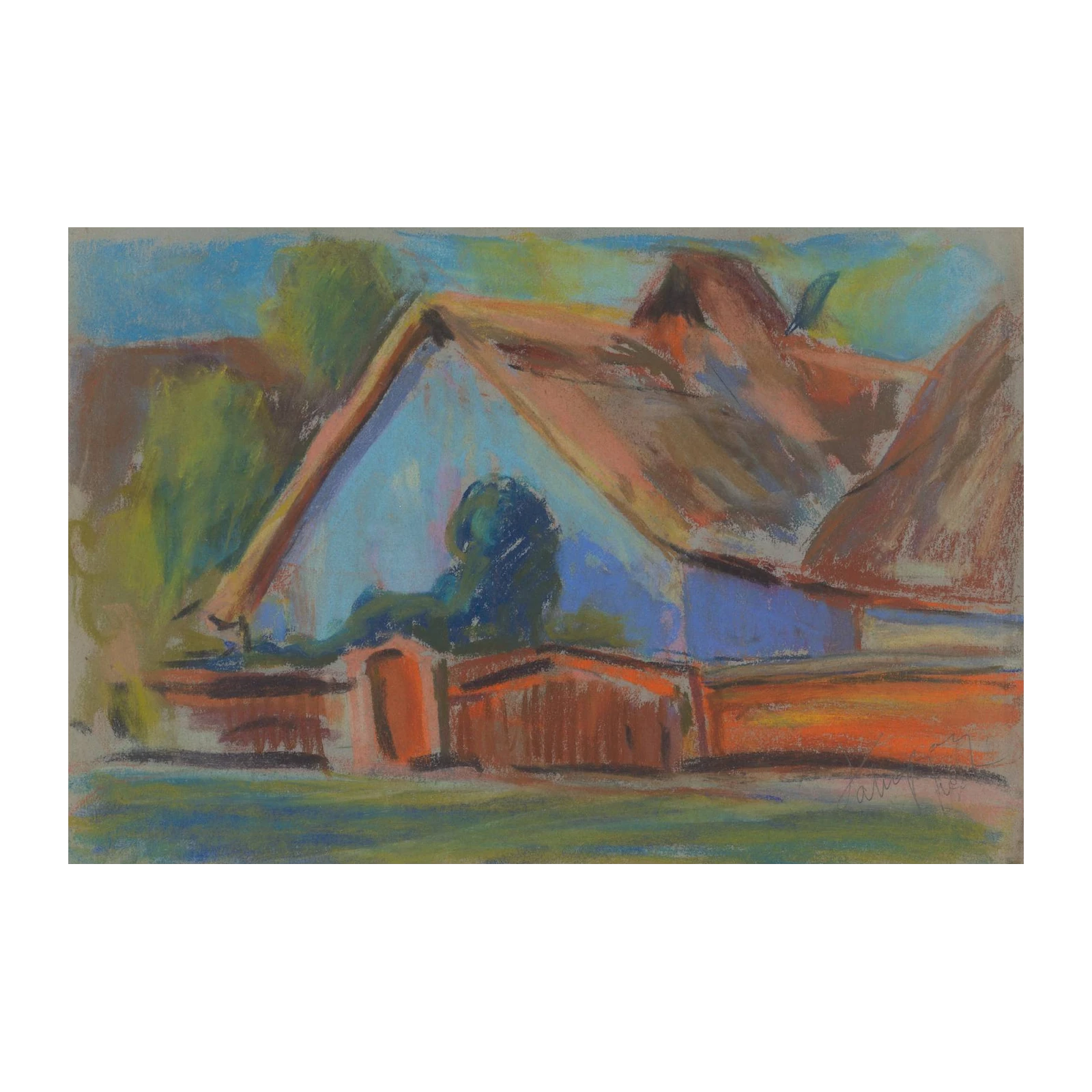 Rustic Barn Landscape Pastel Wall Art