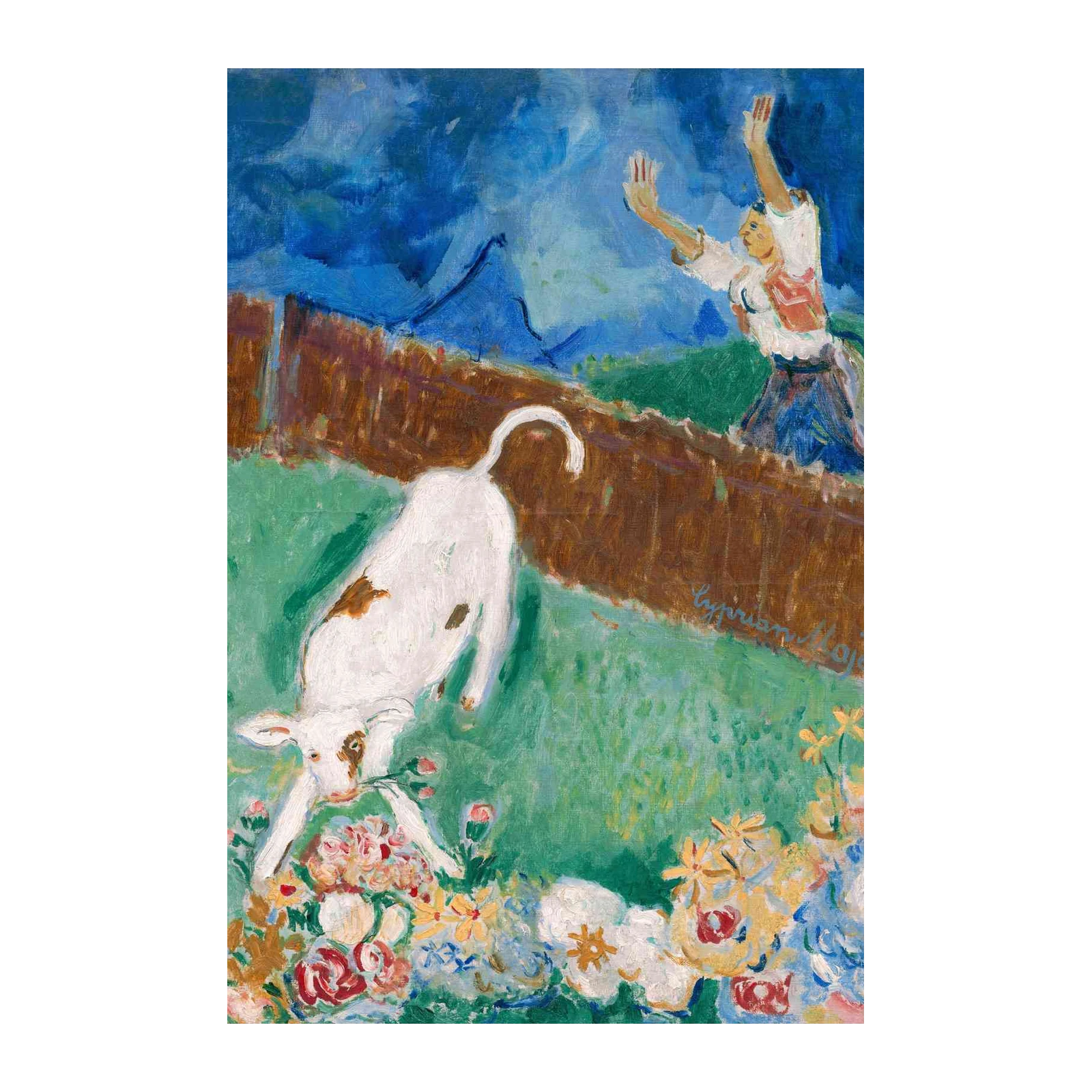 Vibrant Farm Scene Cow & Figure Wall Art