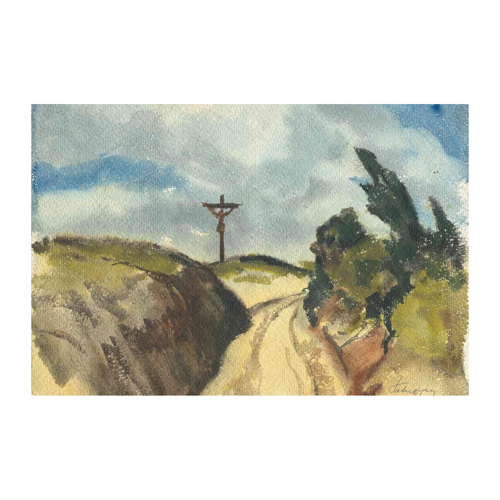Religious Crucifixion Landscape Watercolor Wall Art
