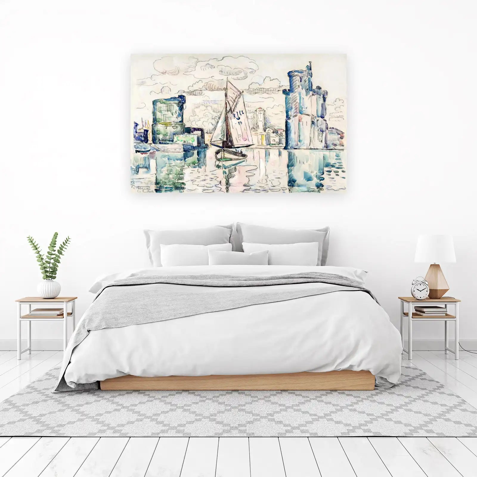 Coastal Sailboat Harbor Watercolor Wall Art