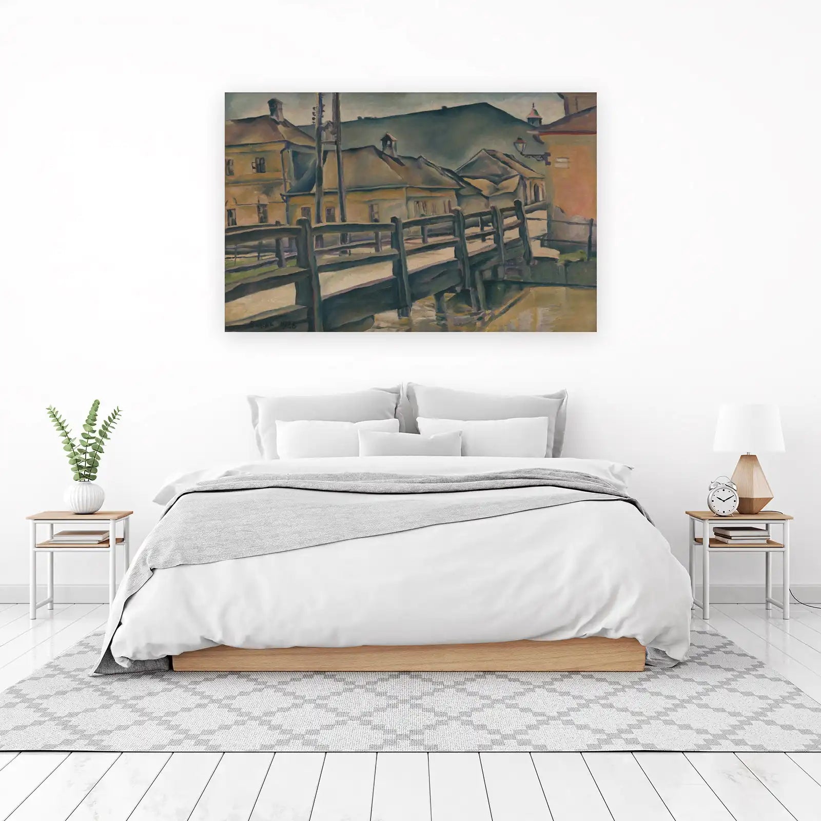 Vintage European Bridge Landscape Oil Painting Wall Art