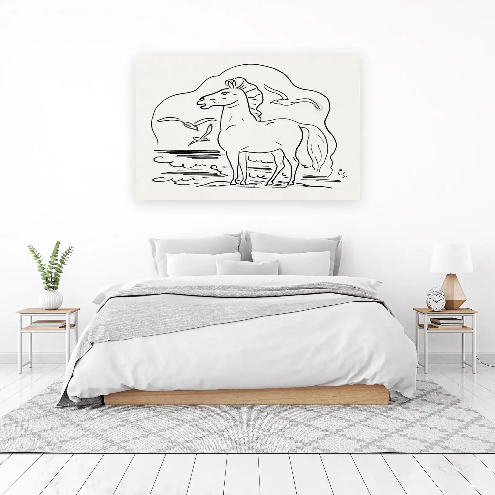 Graceful Horse & Birds Minimalist Line Art Wall Art