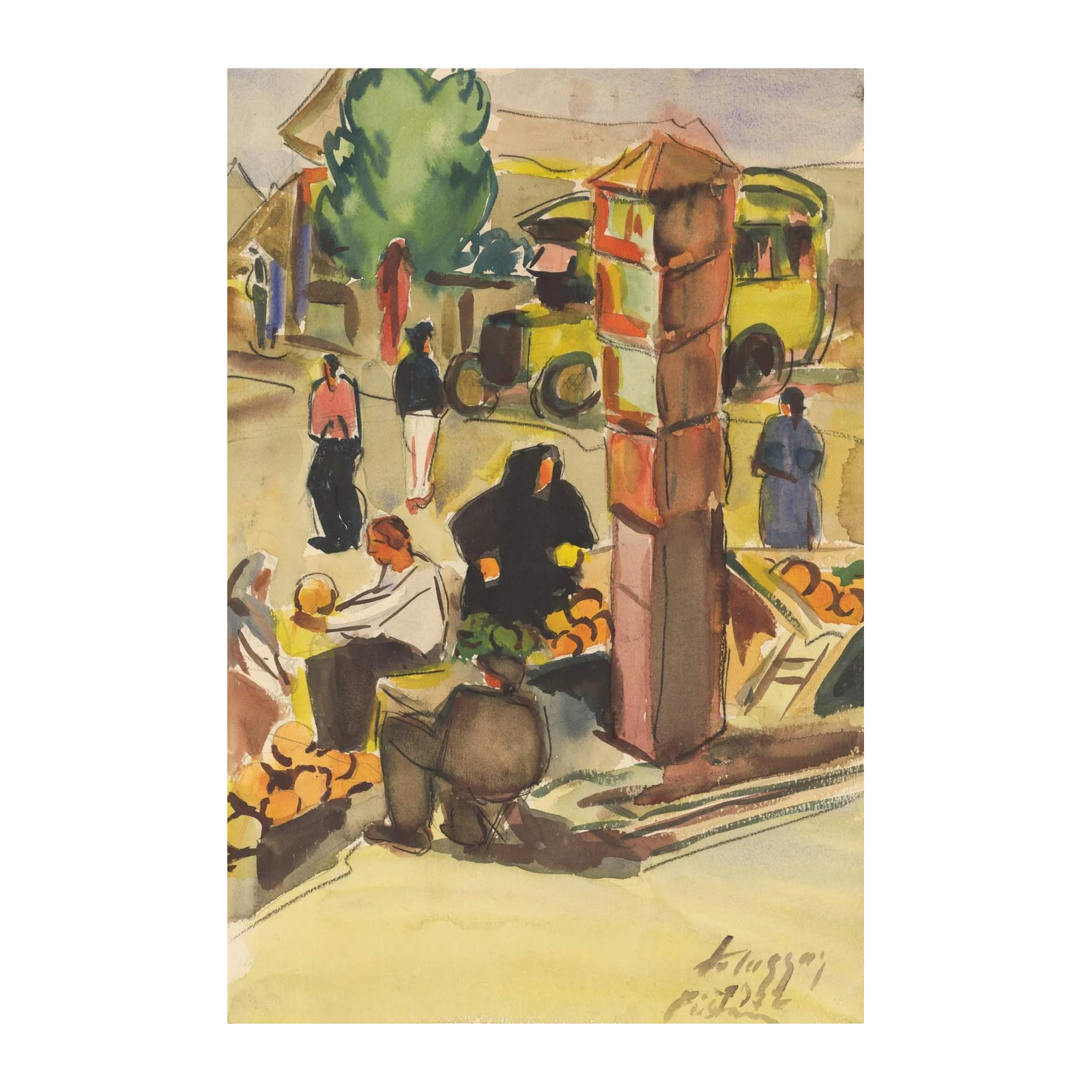 Vibrant Market Scene Watercolor Wall Art
