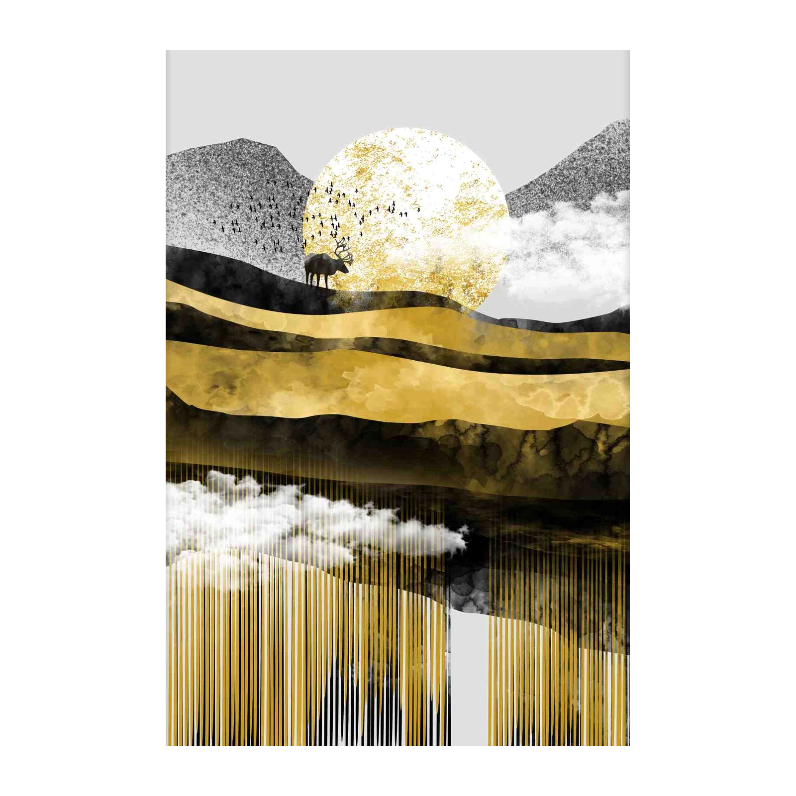 Majestic Deer Gold Sun Mountain Wall Art