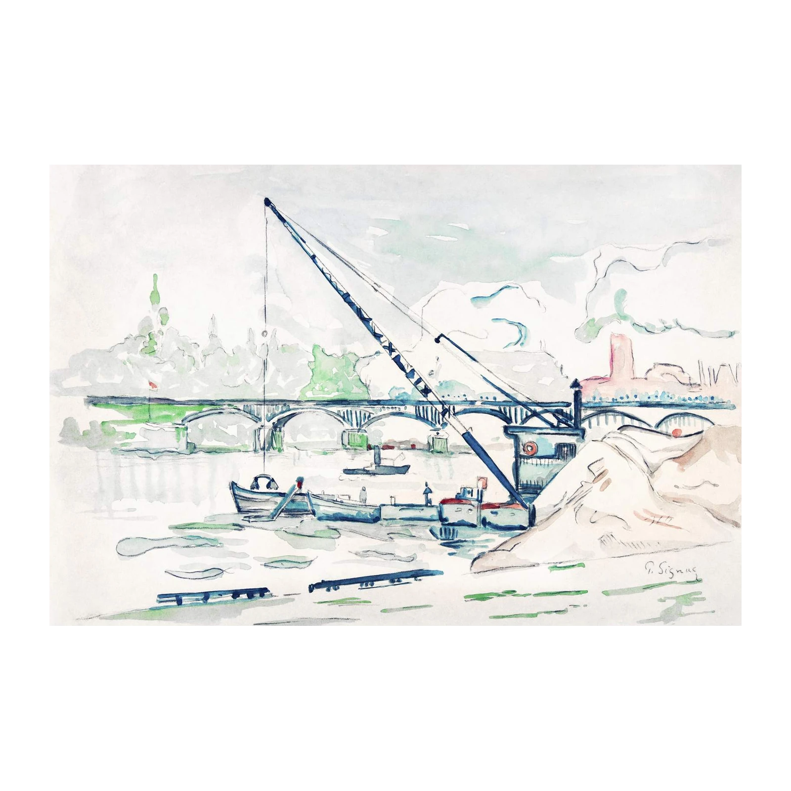 River Crane & Bridge Watercolor Wall Art
