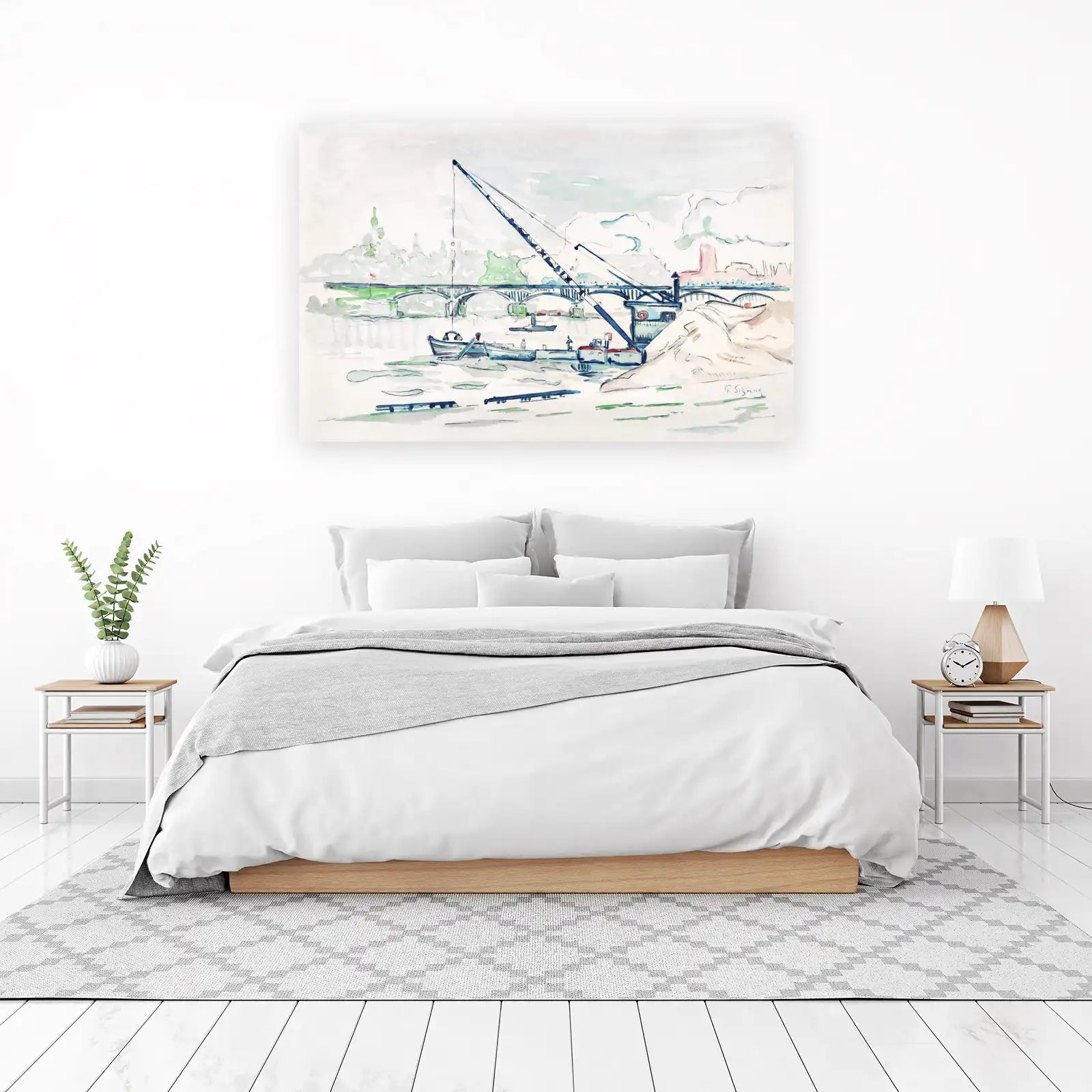 River Crane & Bridge Watercolor Wall Art
