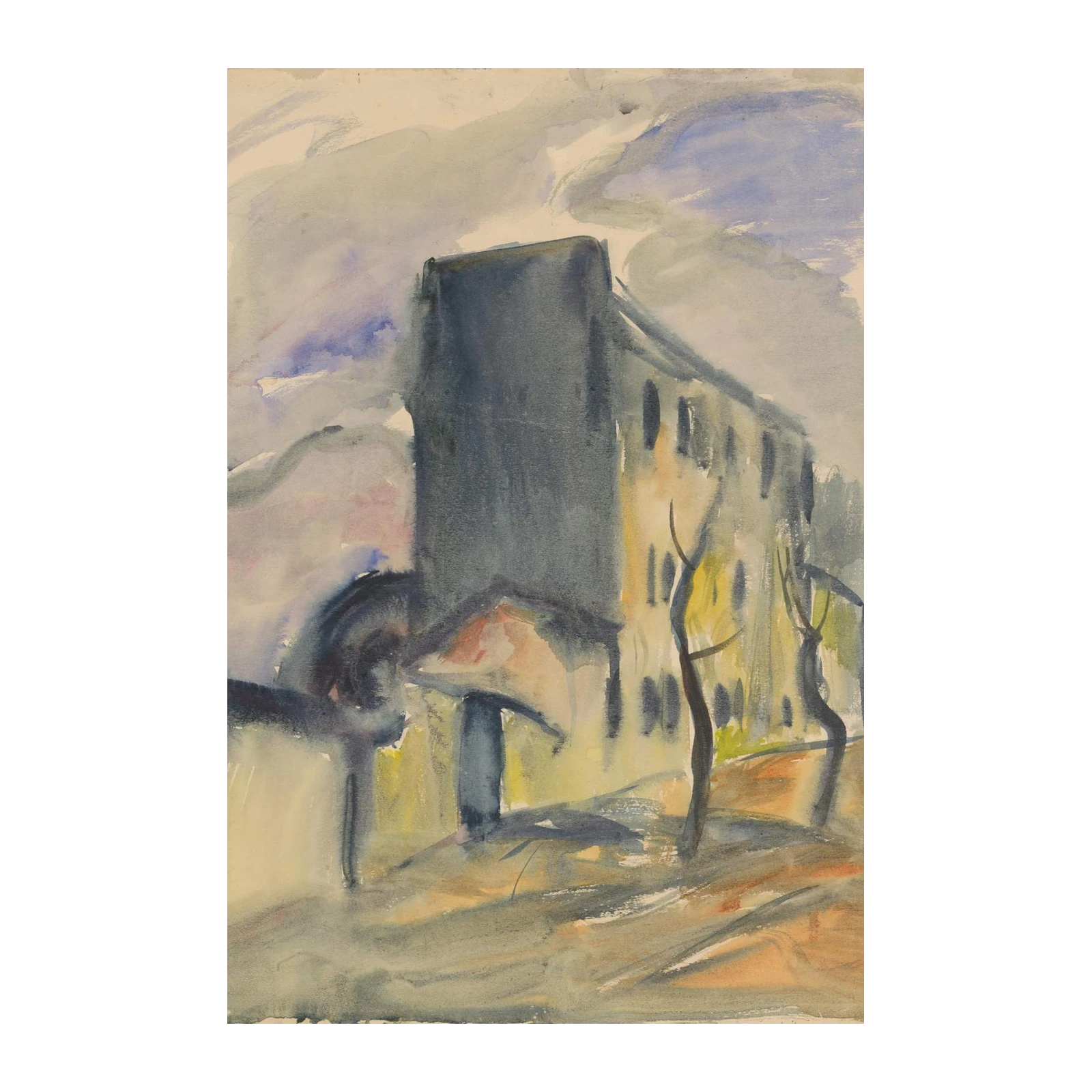 Moody Building Landscape Watercolor Wall Art