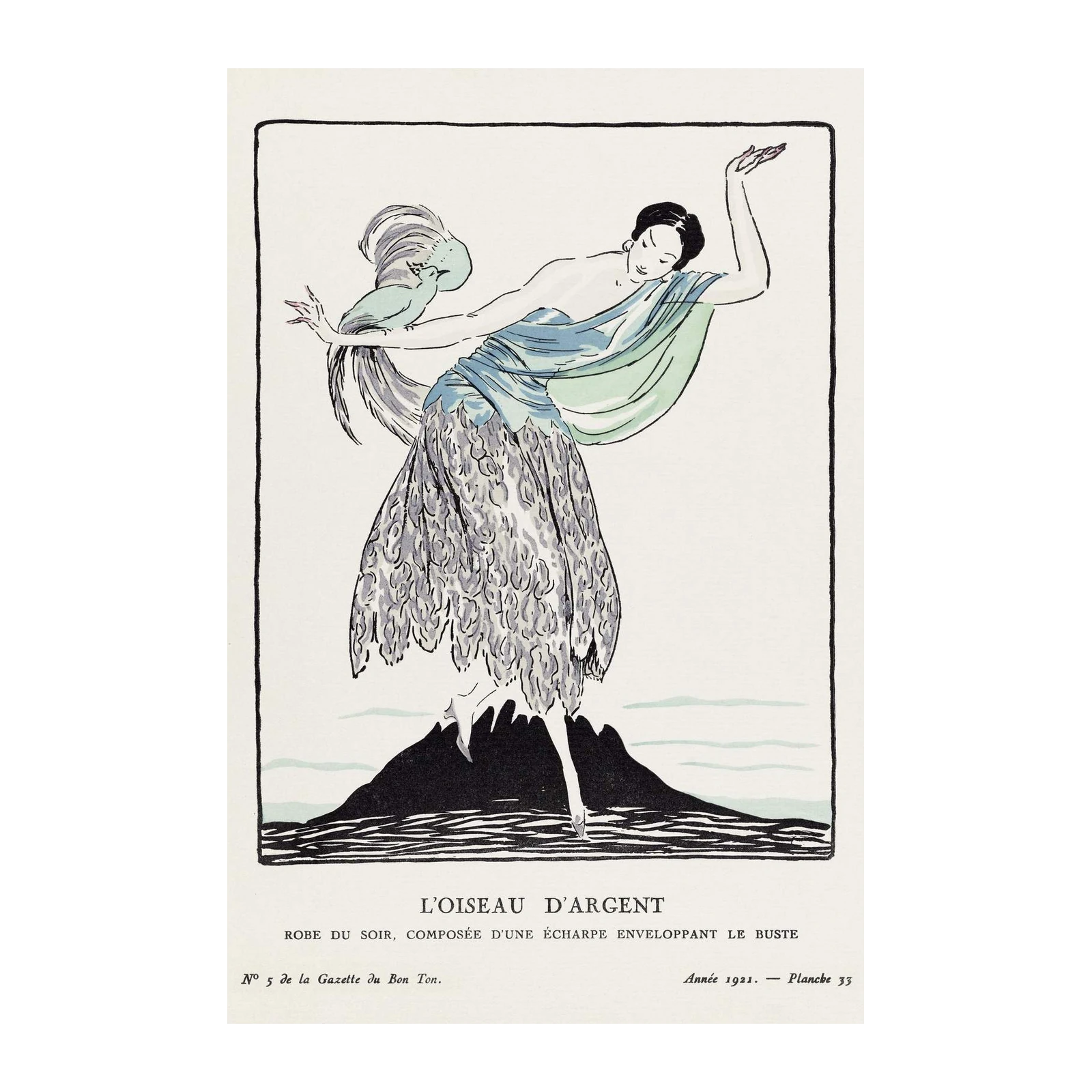 Art Deco Silver Bird Fashion Illustration Wall Art