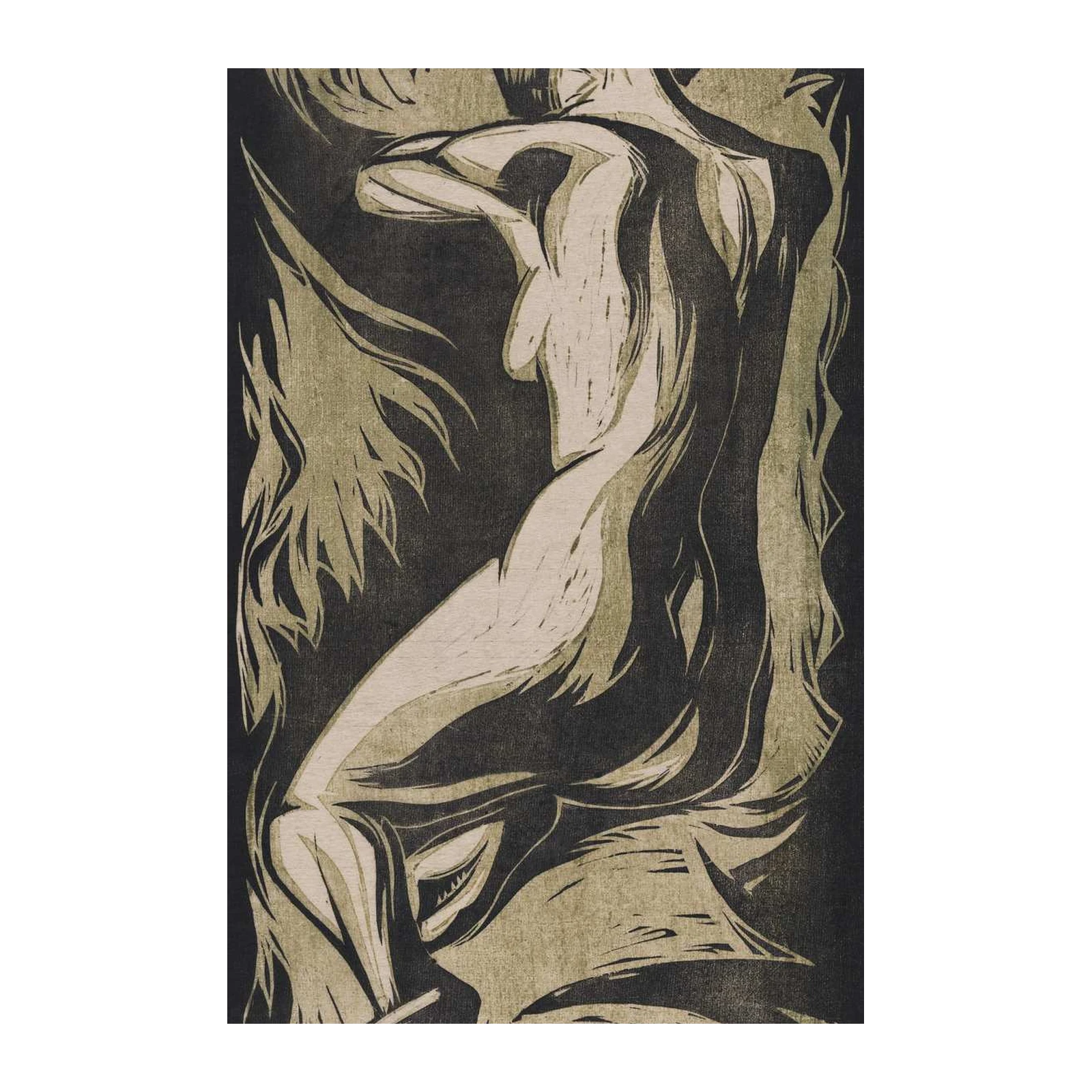 Expressive Nude Woman Woodcut Wall Art
