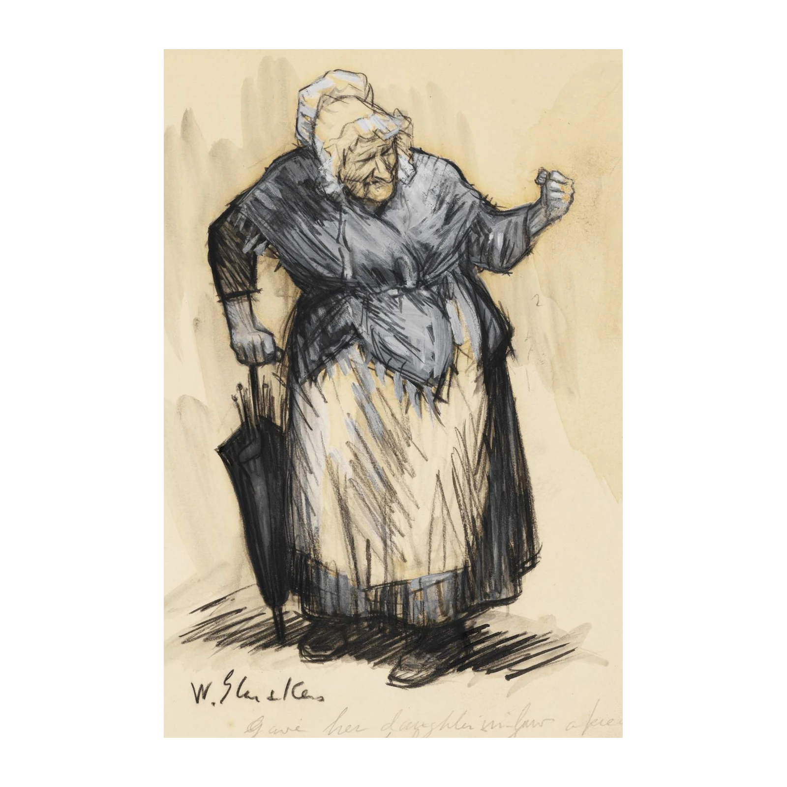 Expressive Elderly Woman with Umbrella Wall Art
