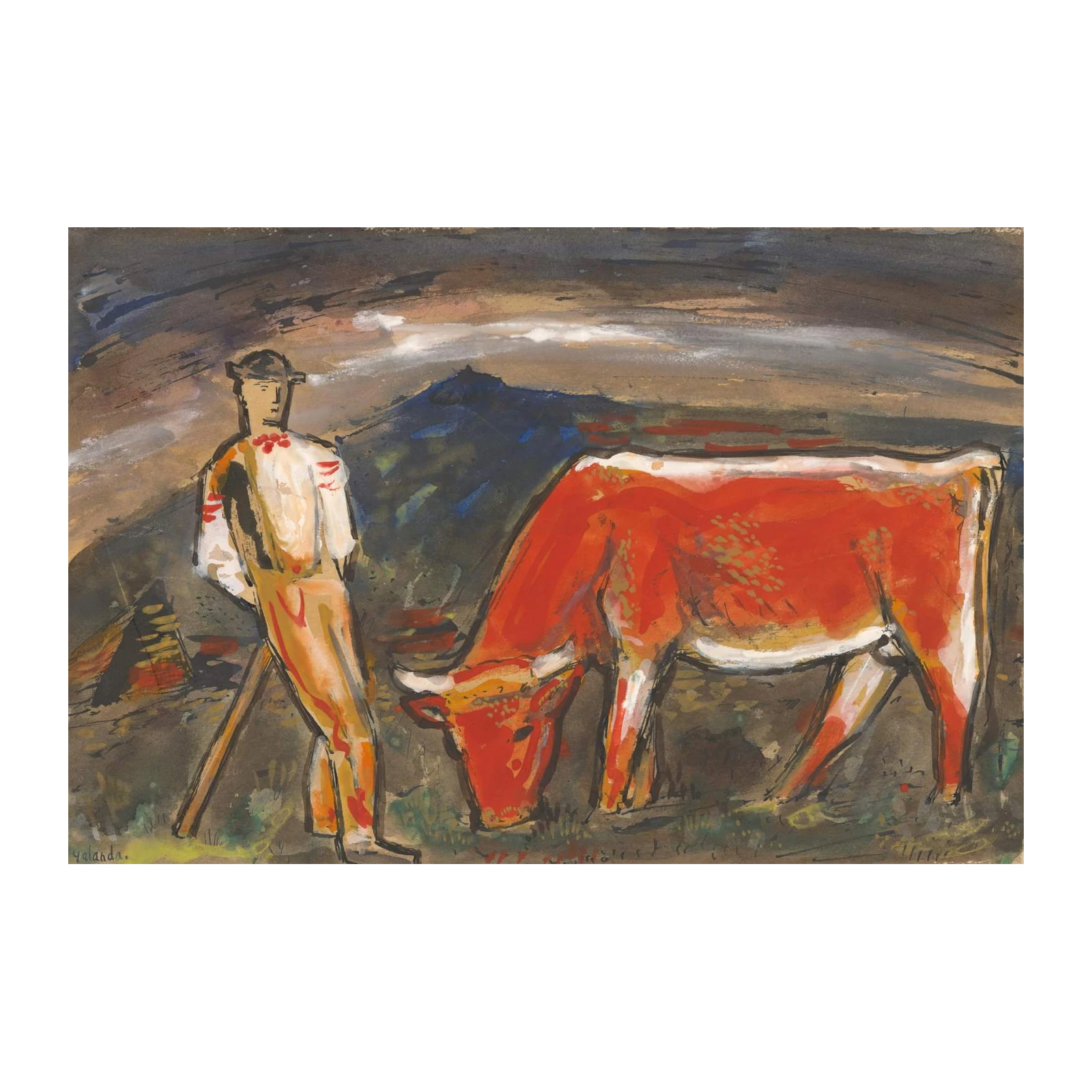 Vibrant Bull & Shepherd Folk Art Wall Art