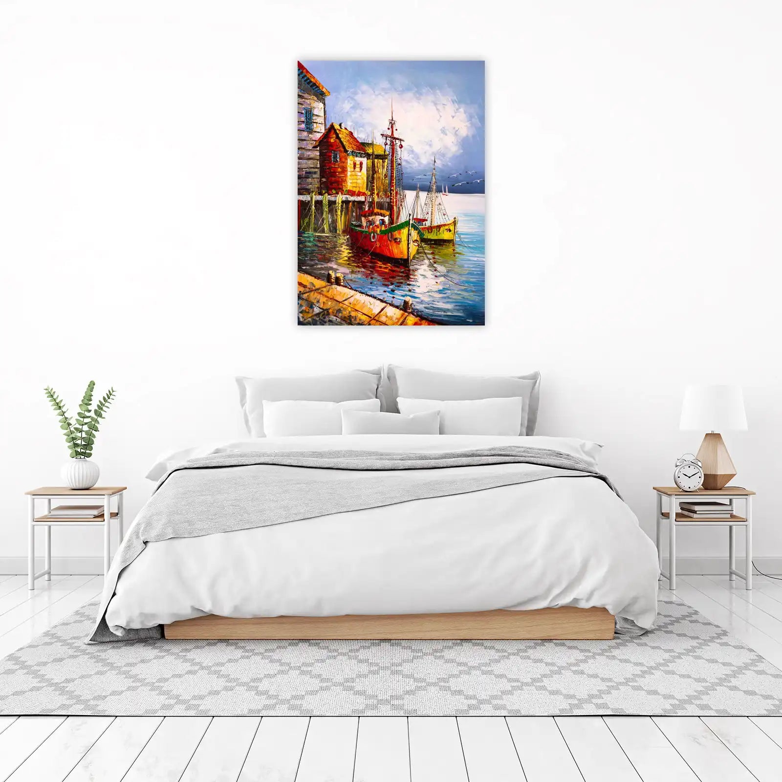Vibrant Harbor Fishing Boats Textured Wall Art