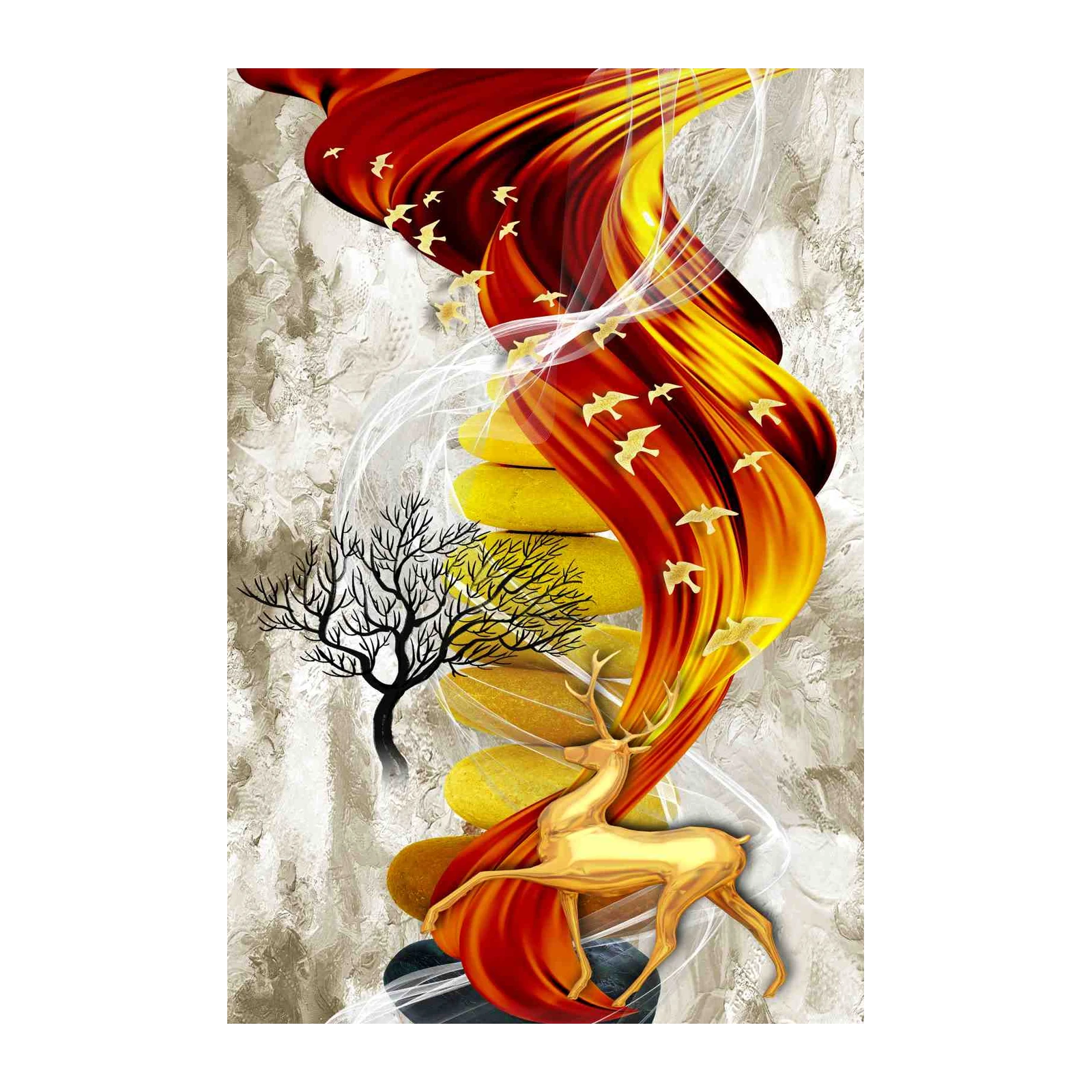 Golden Deer & Fiery Flow Wall Art
