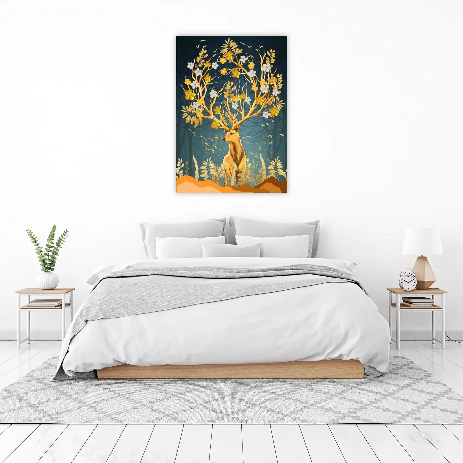 Golden Forest Deer with Flowers Wall Art