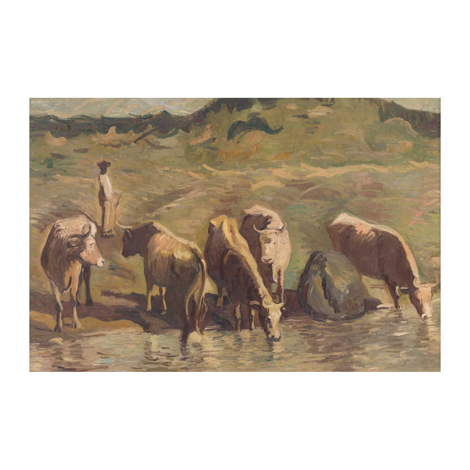Herd at Watering Hole Impressionist Cattle Wall Art