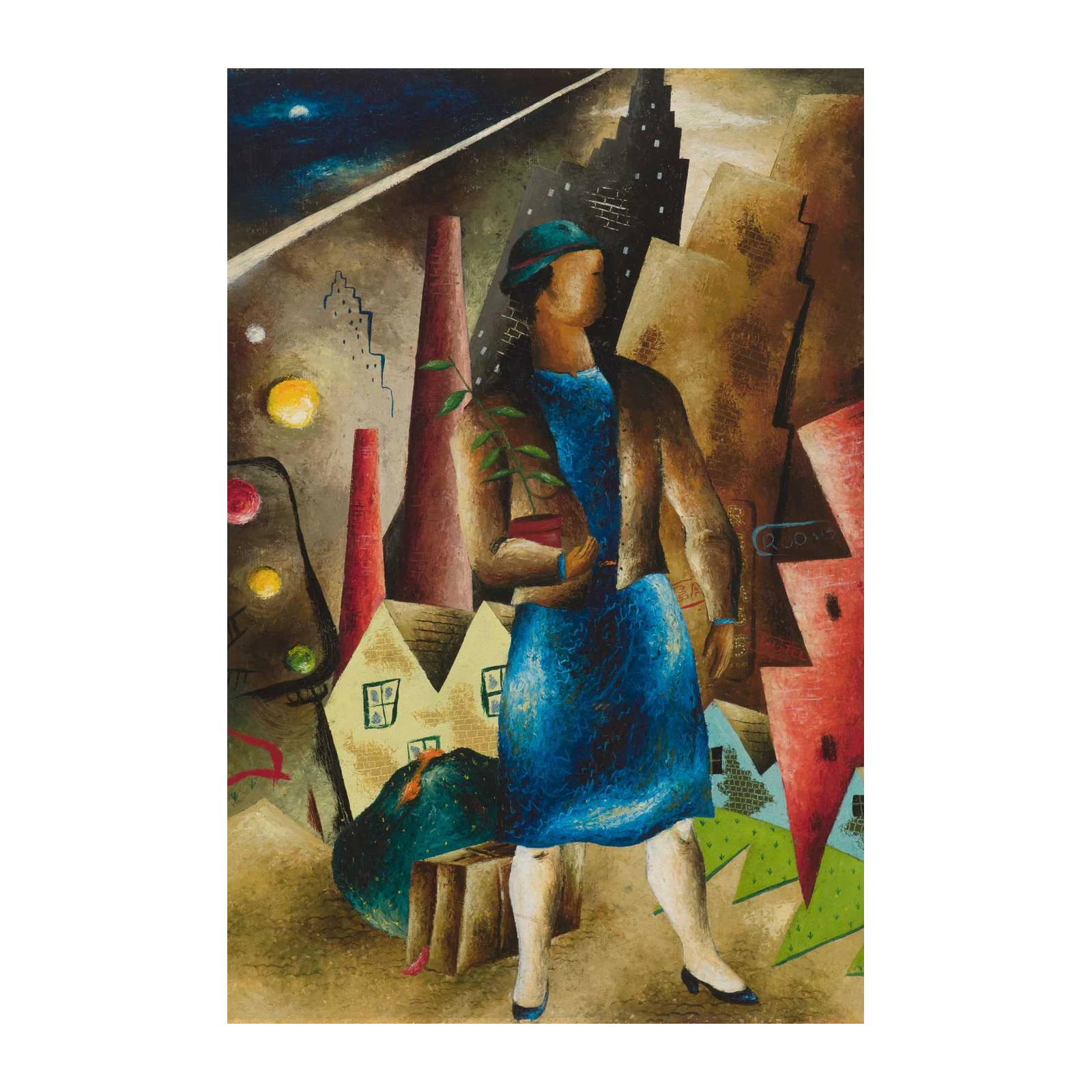 Figurative Cityscape with Woman Wall Art