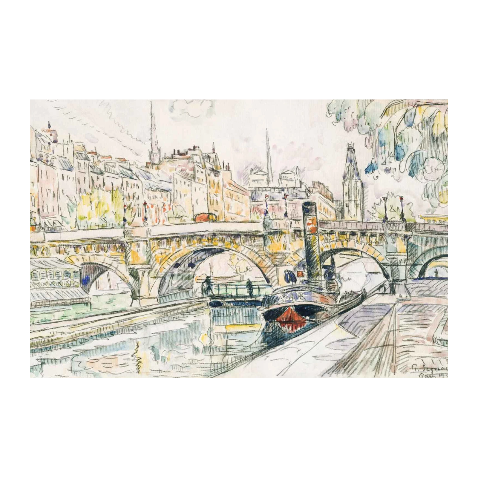 Parisian River Scene with Bridge Wall Art