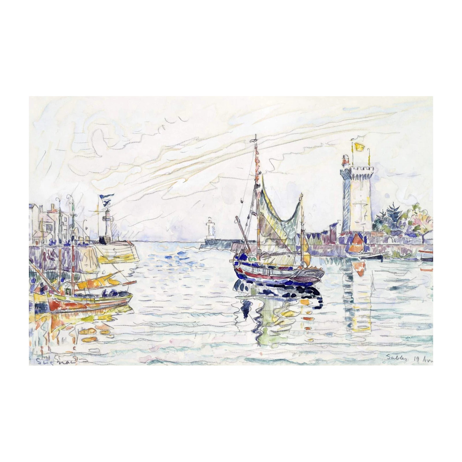 Seaside Harbor Boat Lighthouse Watercolor Wall Art