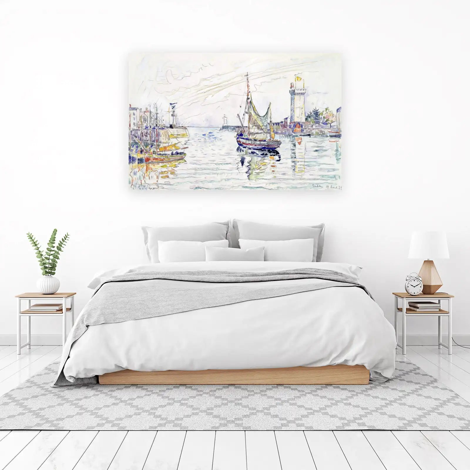 Seaside Harbor Boat Lighthouse Watercolor Wall Art