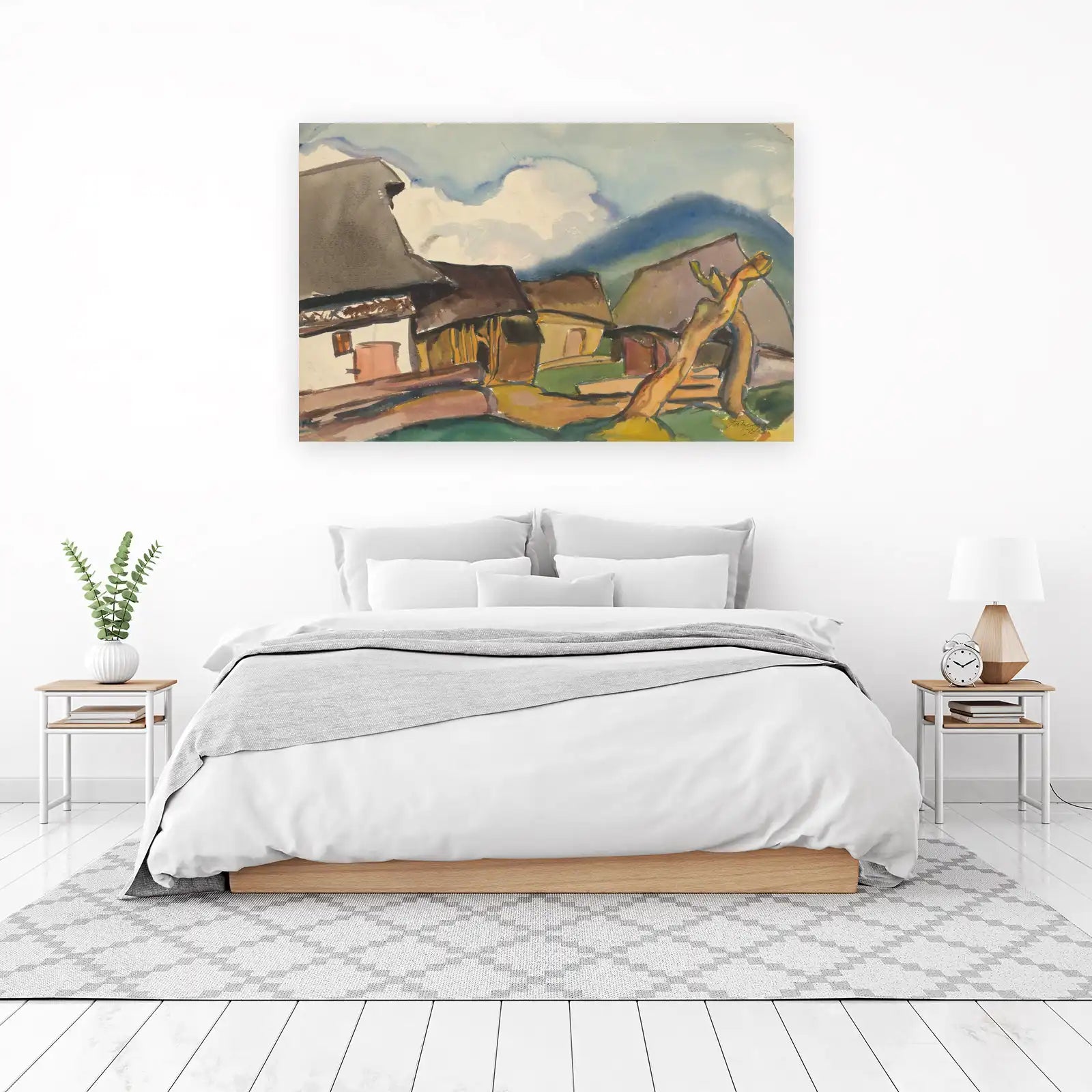 Rustic Village Watercolor Wall Art - Mountain Landscape Art