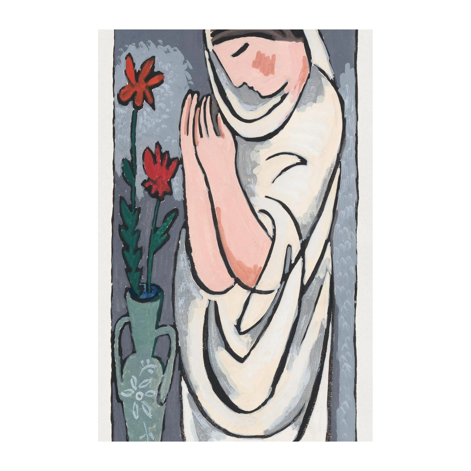 Serene Figure with Red Flowers Wall Art