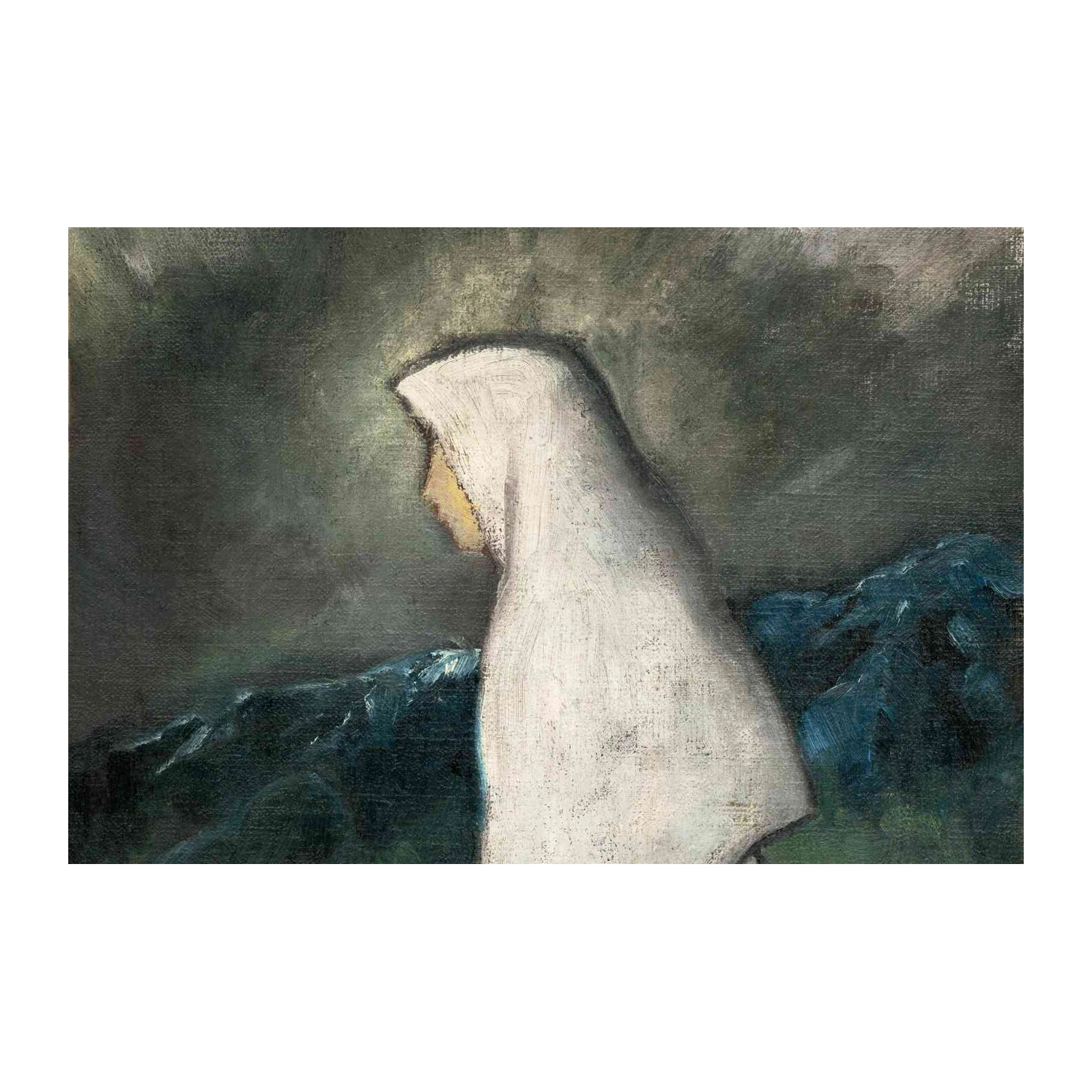 Serene Figure in White Hooded Cloak Wall Art