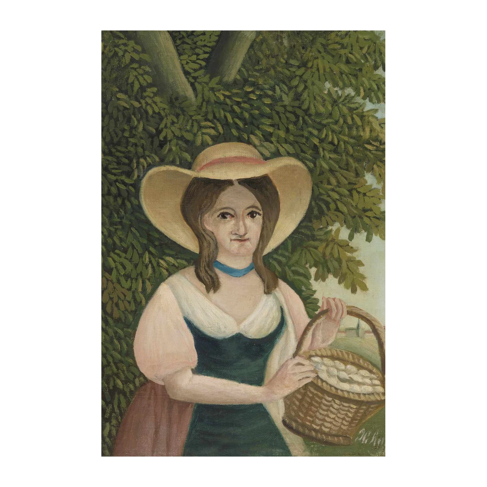 Vintage Farmhouse Lady with Basket Wall Art