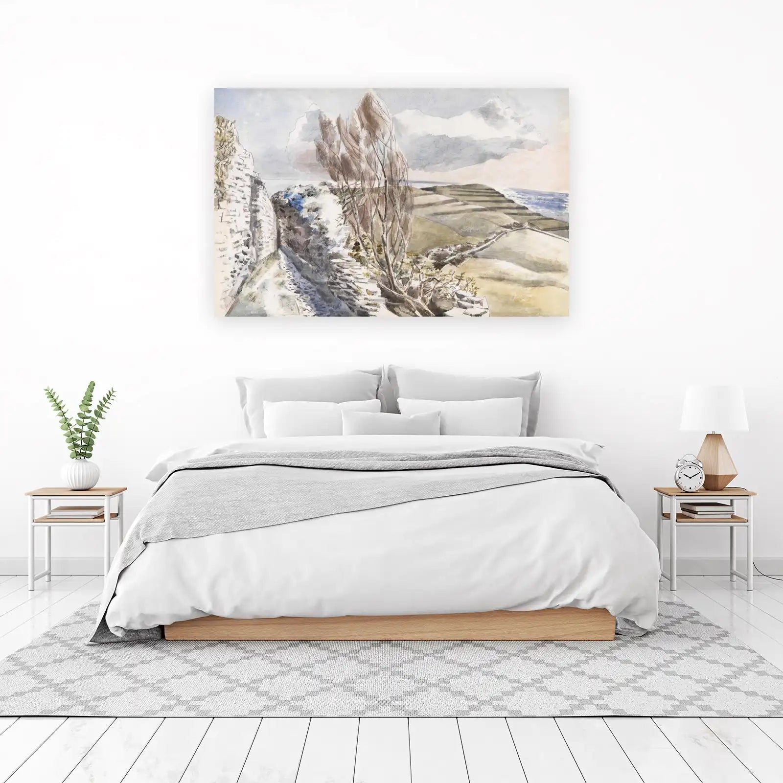 Serene Countryside Landscape Watercolor Wall Art